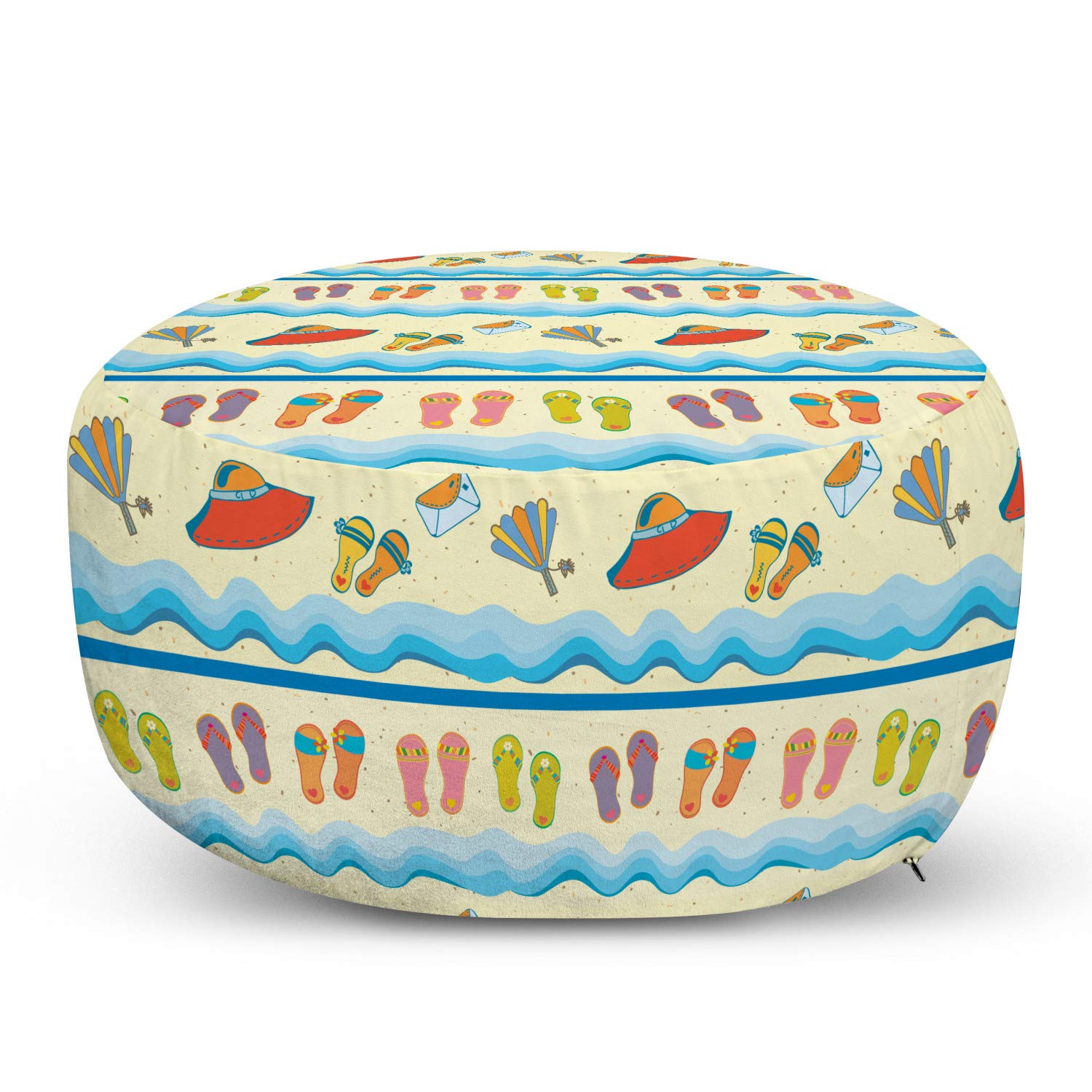 Ambesonne Flip Flop Ottoman Pouf - Absurd Beach Illustration with Sea Waves, Straw Hats & Purse - Soft Decorative Foot Rest with Removable Cover for Living Room & Bedroom - Multicolor Coastal Home Decor Accent for Relaxation & Comfort