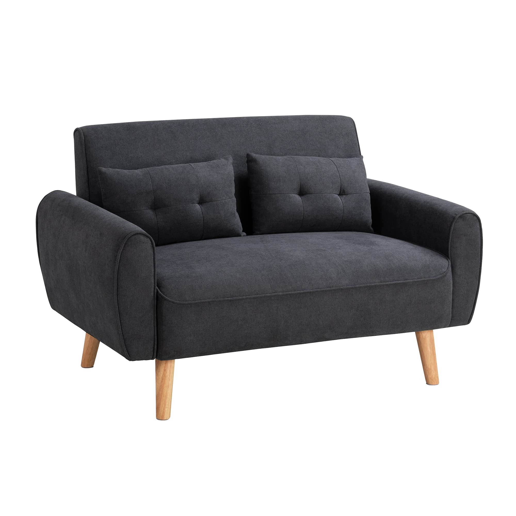 Shintenchi Modern Loveseat Sofa - Mid Century Fabric Upholstered 2-Seat Couch for Small Spaces, Living Room, Apartment or Studio - Includes 2 Decorative Pillows (Black) - Perfect for Compact Homes, Cozy Reading Nooks and Entertaining Guests