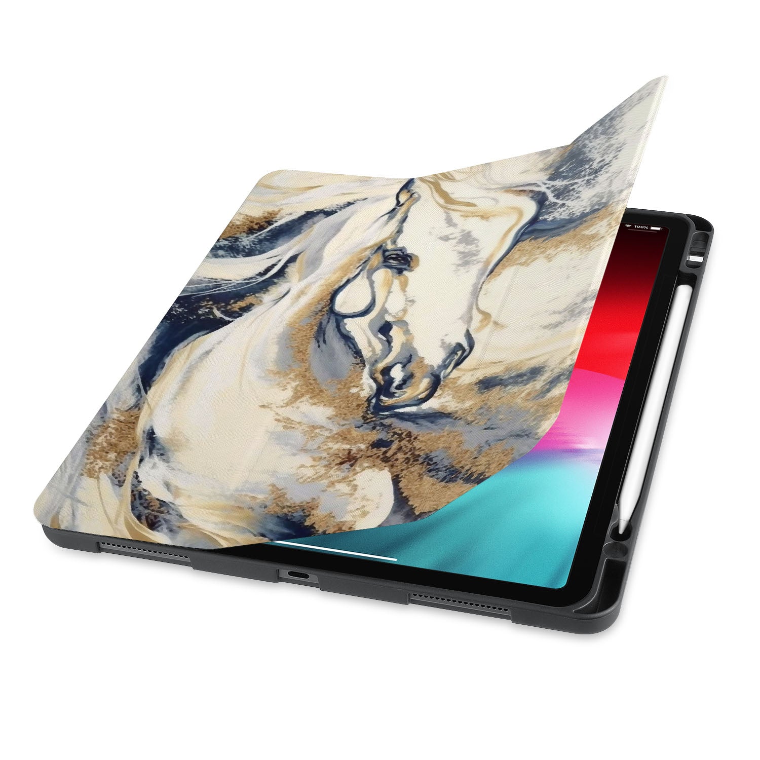 Premium iPad Trifold Case with Horses Design - Slim Protective Cover for iPad 6th/7th/8th/9th Gen - Perfect for Work, School & Travel