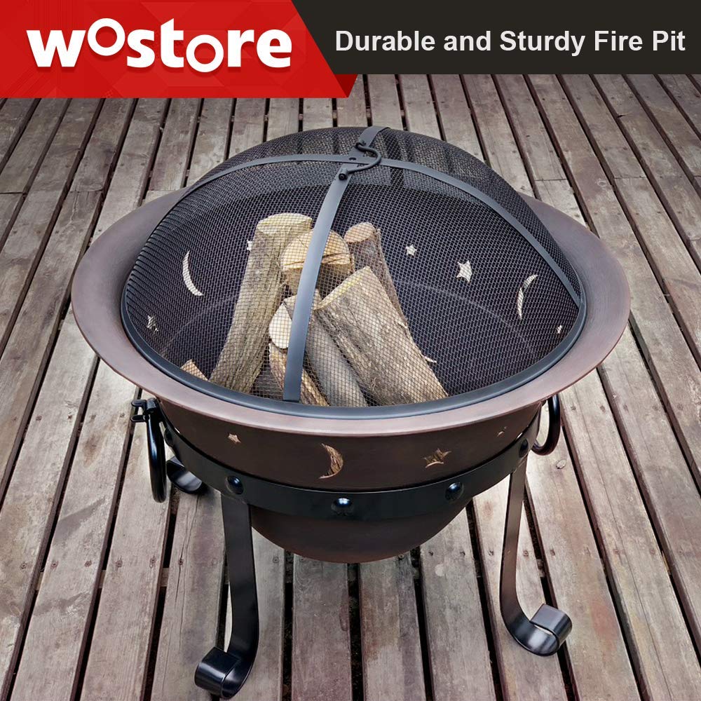 Wostore 29 Inch Large Outdoor Fire Pit - Heavy Duty Cast Iron Bonfire Pit with Spark Screen, Grate & Poker for Patio, Backyard, Camping & BBQ Gatherings