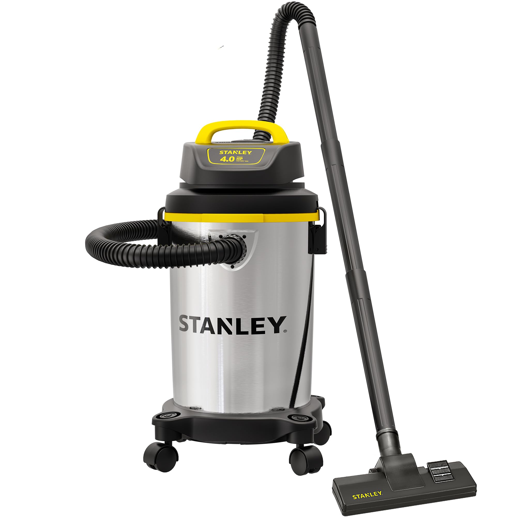 Stanley 4 Gallon Wet/Dry Vacuum Cleaner - 4 Peak HP Stainless Steel Shop Vac with Blower Function | Powerful 3-in-1 Design for Home, Garage, Car, Workshop & Pet Hair Cleaning | Durable Silver/Yellow/Black Design for Heavy-Duty Use in Construction, DIY Projects & Auto Detailing