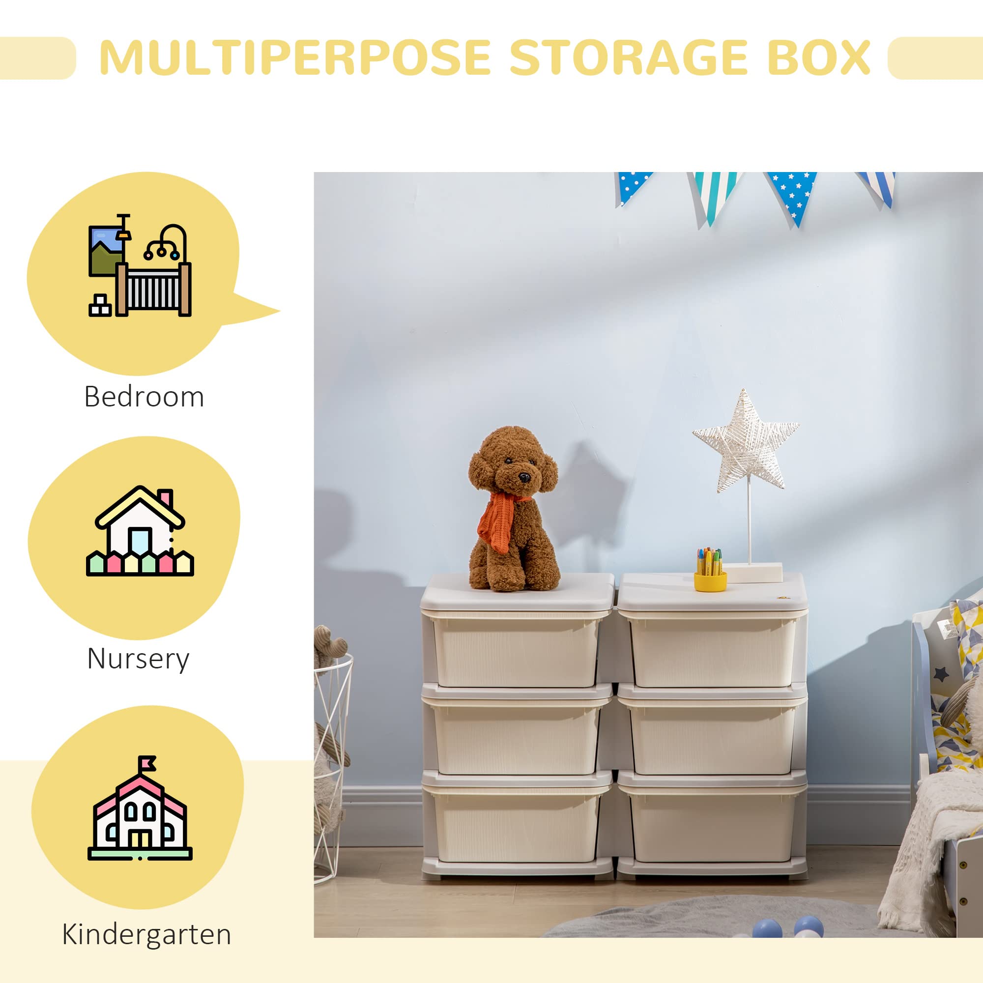 Qaba 3-Tier Kids Storage Unit with 6 Drawers - Toy Organizer with Plastic Bins for Nursery, Bedroom & Playroom - Space-Saving Kids Furniture for Boys & Girls (Cream) | Perfect for Organizing Toys, Books & Clothes in Toddler Rooms & Kindergarten Classrooms