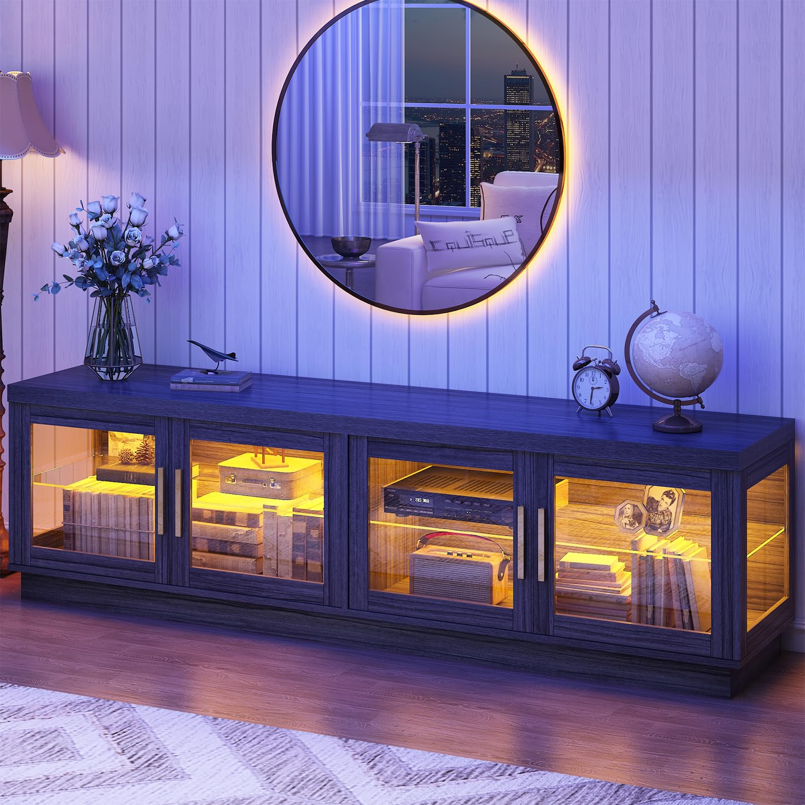 71IN Rustic Wood TV Stand for 85/80/75 Inch TVs - Farmhouse Style Entertainment Center with Storage Cabinet & Glass Doors - Perfect for Living Room, Home Theater & Media Room Setup