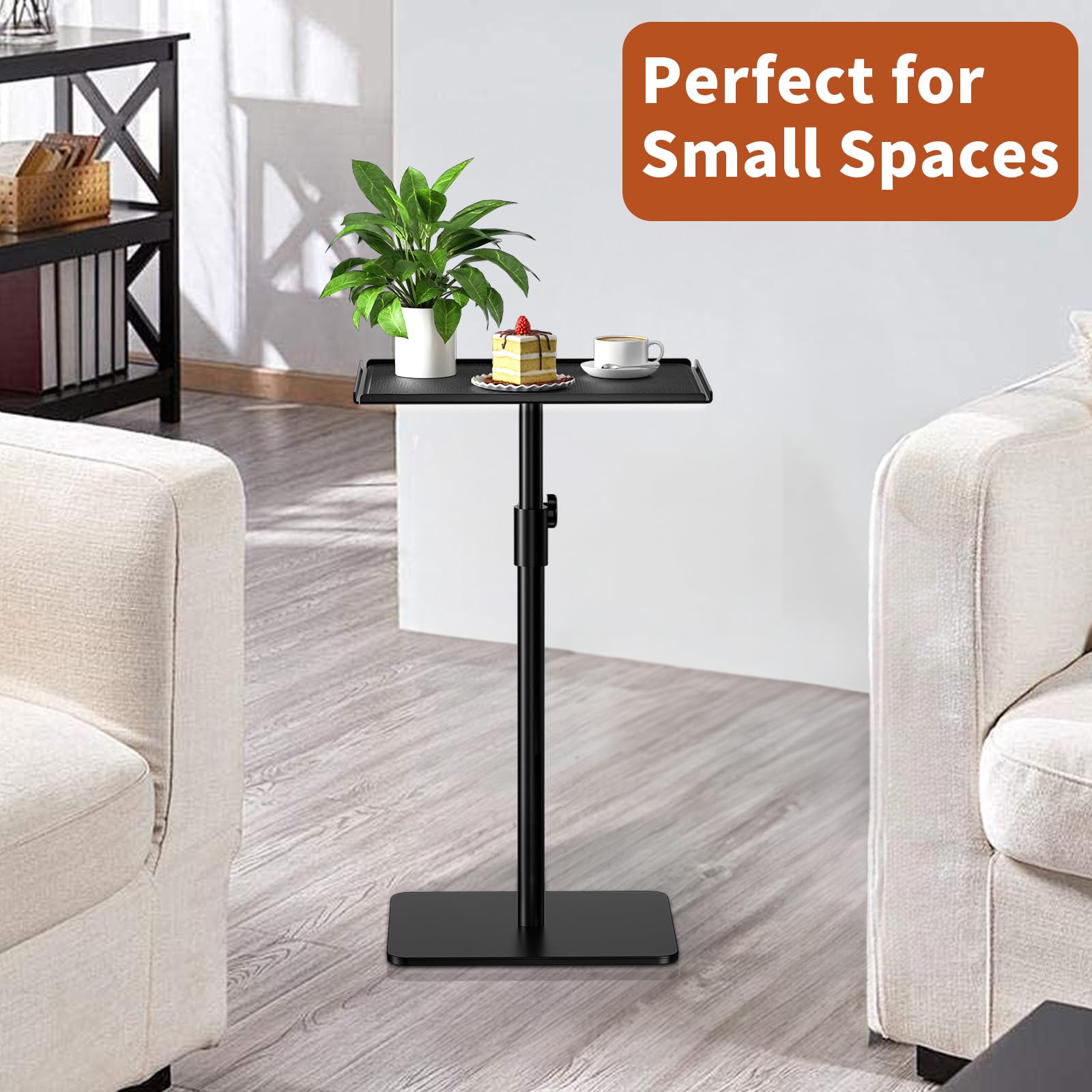 Adjustable Height Metal End Table - Matte Black Square Side Table for Living Room, Bedroom & Outdoor Use | Small Space Sofa Table with Tray for Drinks, Coffee & Decor | Ideal for Apartments, Patios & Compact Spaces