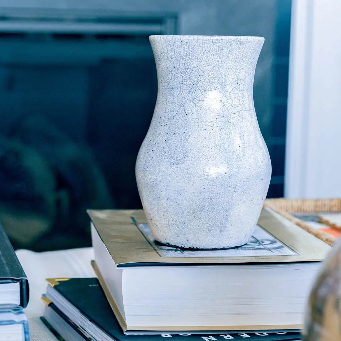 Large Crackled Raku Decorative Pot/Vase - 40oz, White Black & Cobalt - Handcrafted Ceramic Planter for Home Decor, Wedding Centerpiece, or Outdoor Garden Display