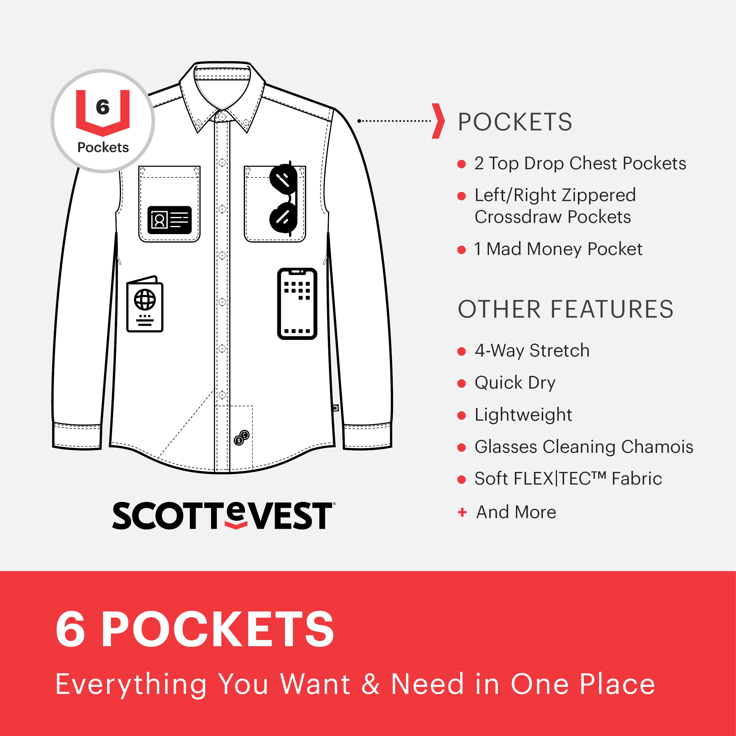 SCOTTeVEST Men's Adventurer Long Sleeve Travel Shirt with 6 Hidden Pockets - Quick Dry Button Down Shirt for Hiking, Camping & Outdoor Adventures