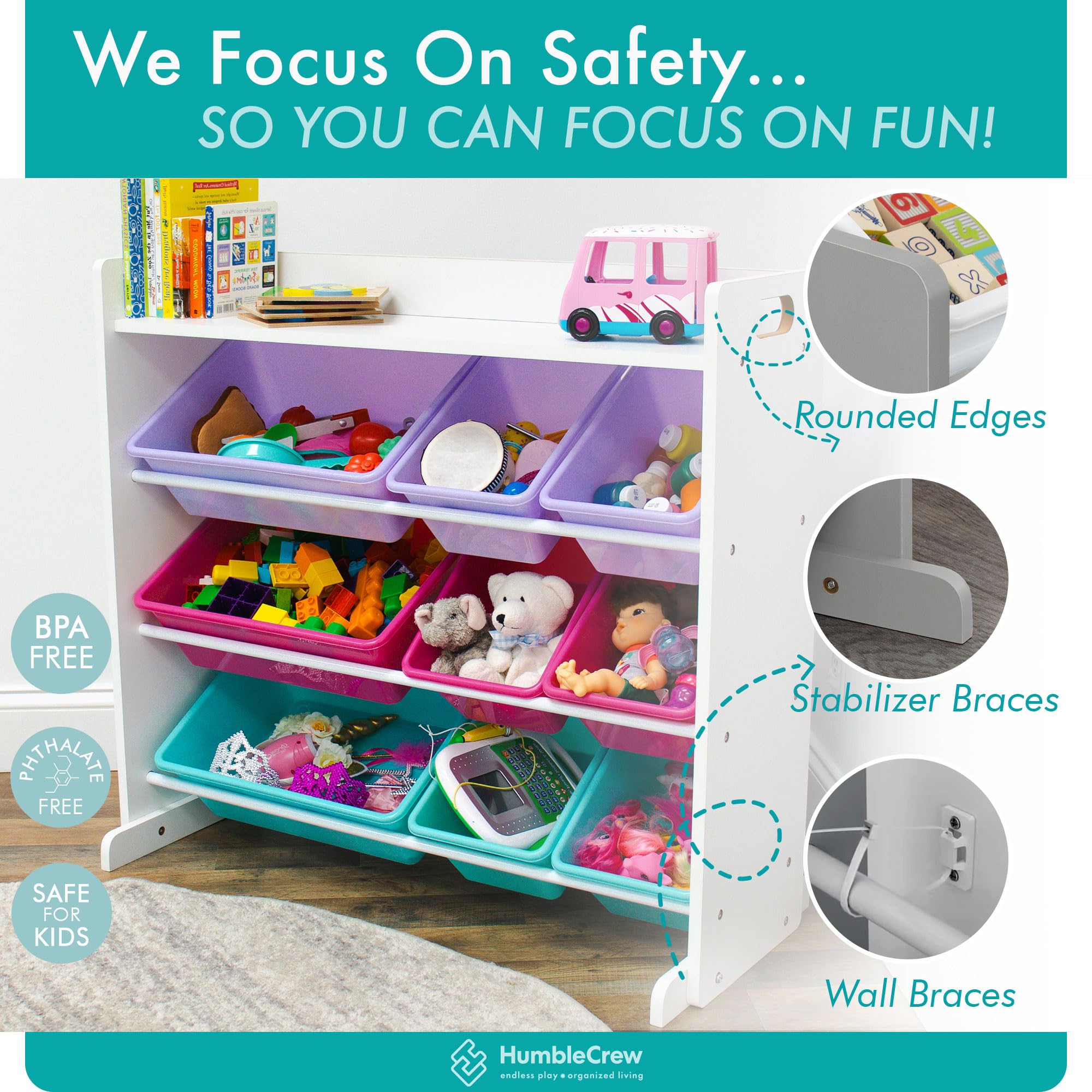 Humble Crew Kids Toy Storage Organizer with Top Shelf & 9 Removable Bins - White/Pink/Purple/Aqua - Modern Toddler Bookshelf & Toy Rack for Bedrooms, Playrooms, Daycare - Perfect for Organizing Toys, Books, Stuffed Animals & Kids' Room Decor