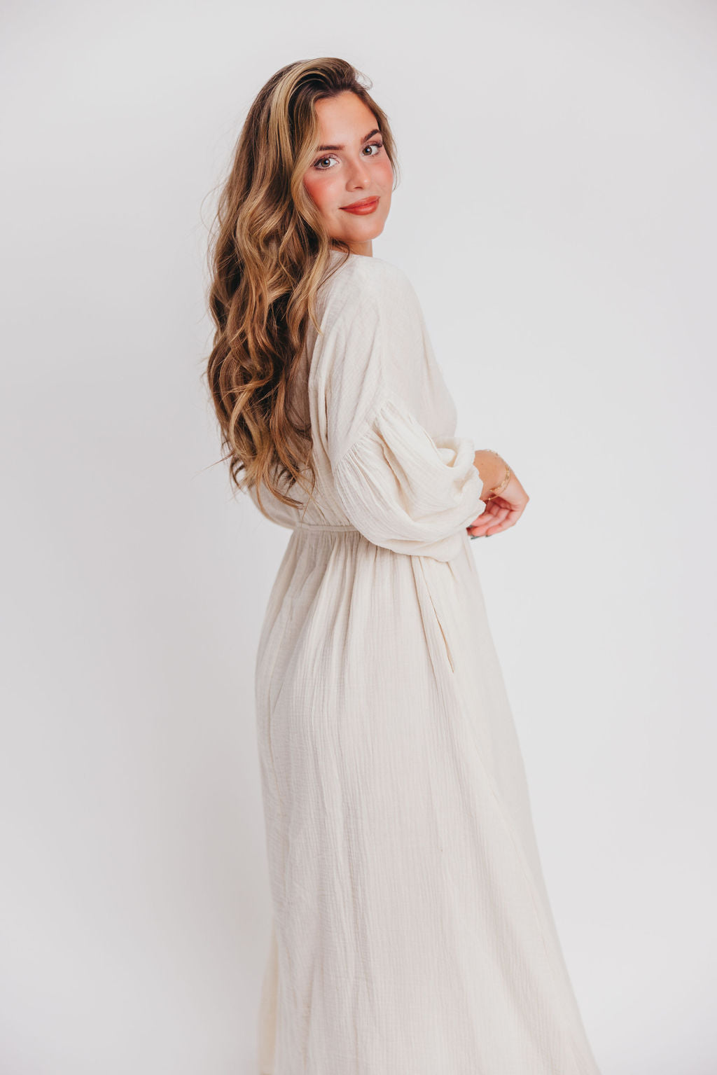 Hunter 100% Cotton Gauze Midi Dress in Soy - Bump Friendly Maternity Dress for Pregnancy, Nursing & Postpartum - Perfect for Summer, Beach & Casual Wear