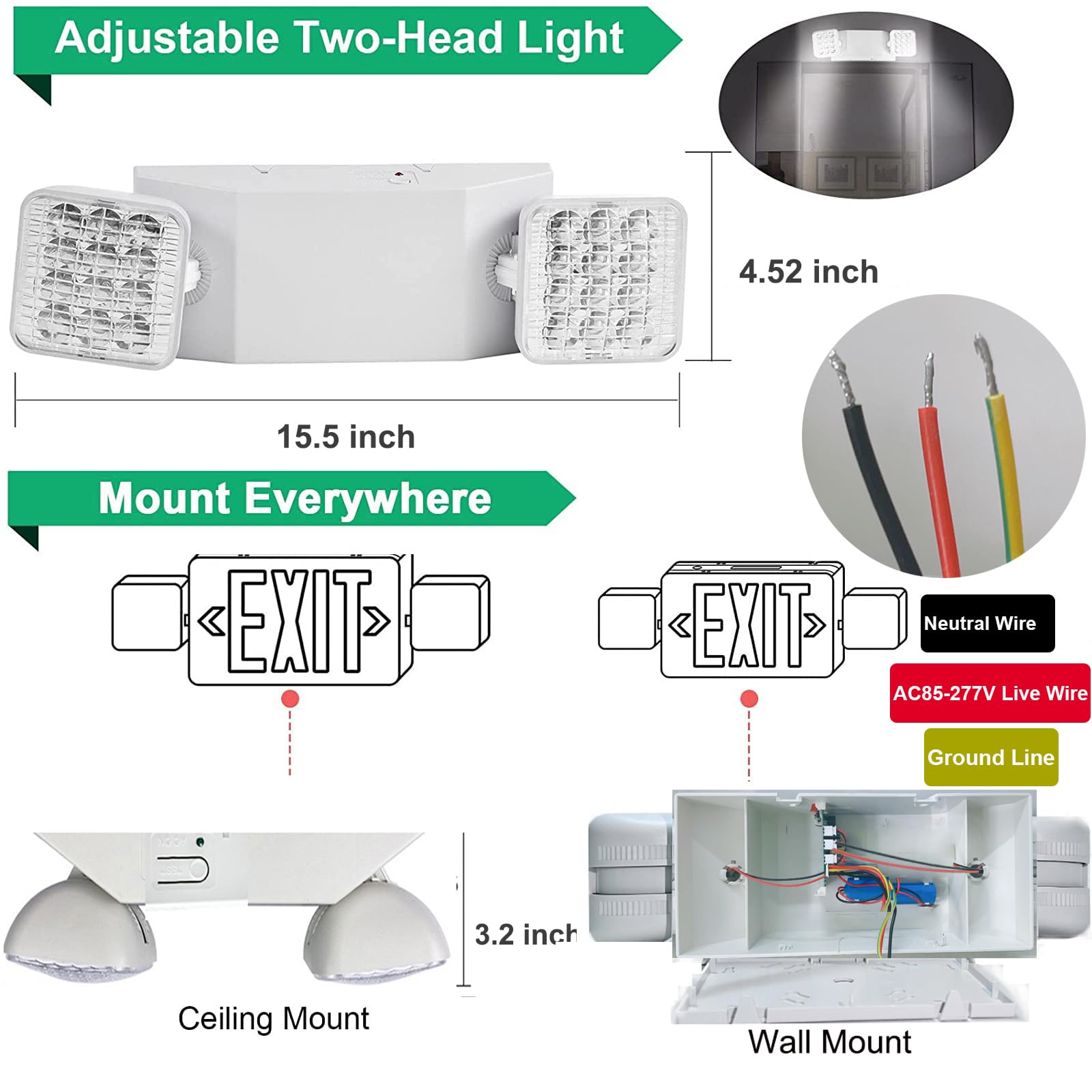 6 Pack LED Emergency Light Fixture - Commercial Battery Backup Square 2 Head Adjustable Emergency Lighting for Power Outages - AC 110V-277V - Ideal for Offices, Warehouses & Emergency Exit Signs