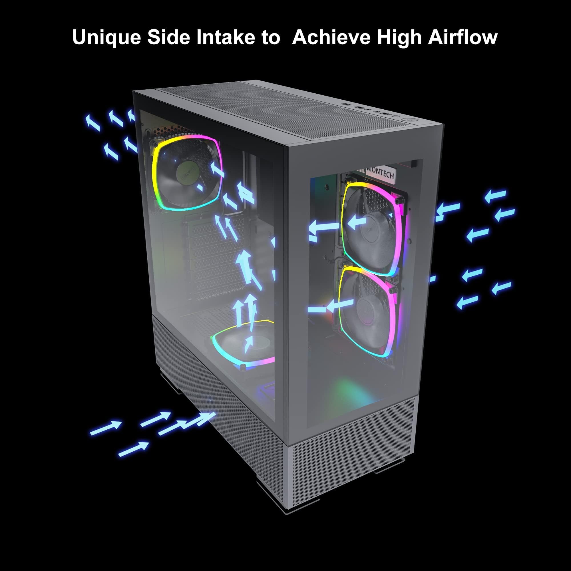 Montech Sky Two ATX Mid Tower Gaming PC Case - Dual Tempered Glass, 4X PWM ARGB Fans Pre-Installed, USB Type-C, High Airflow Design (Black) - Perfect for Gaming Rigs & High-Performance Builds