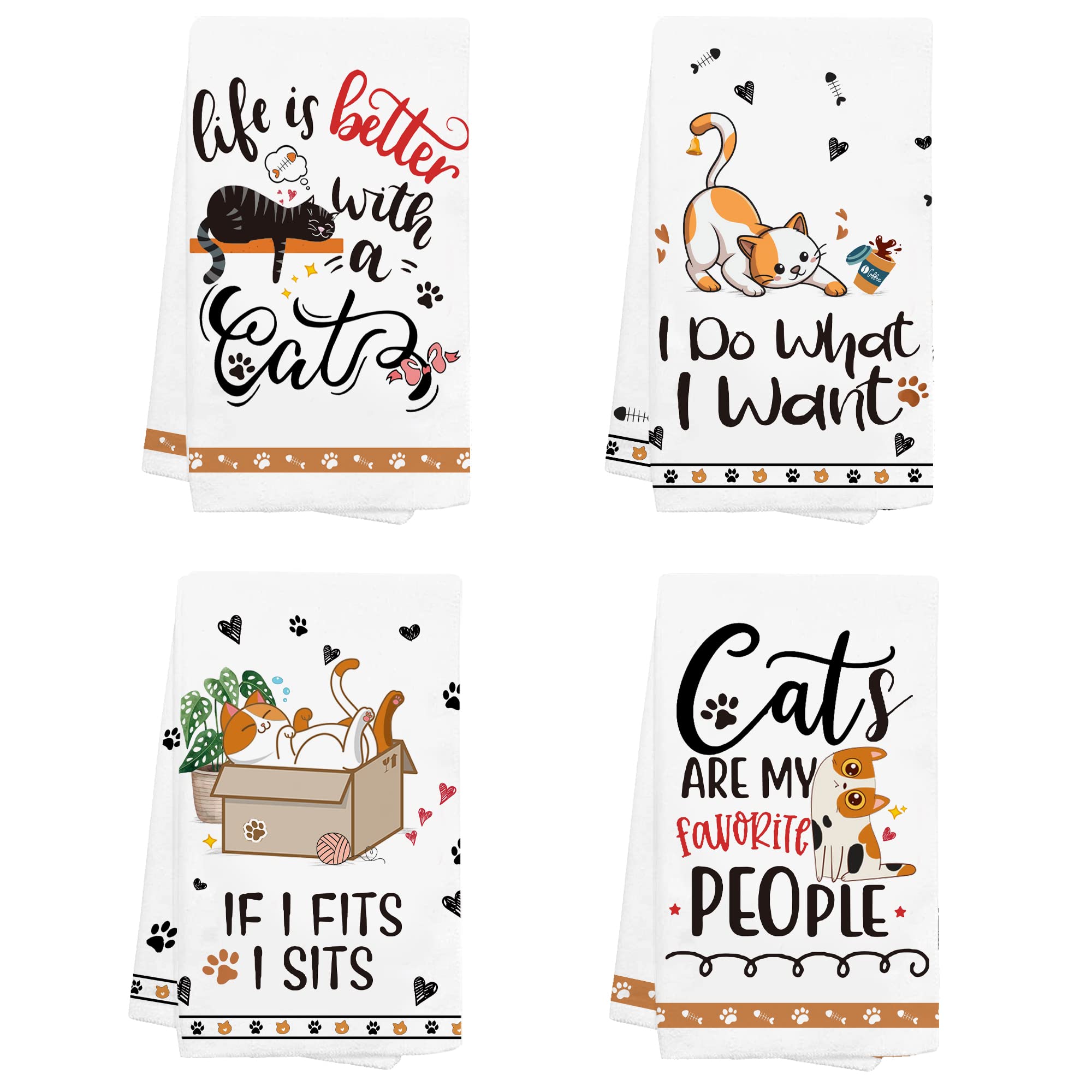 Hexagram Cat Funny Kitchen Towels Set of 4 - Cute Cat Lover Gifts for Women, Mom & Housewarming - Absorbent Dish & Tea Towels - Perfect for Kitchen Decor, Baking & Hosting Gifts