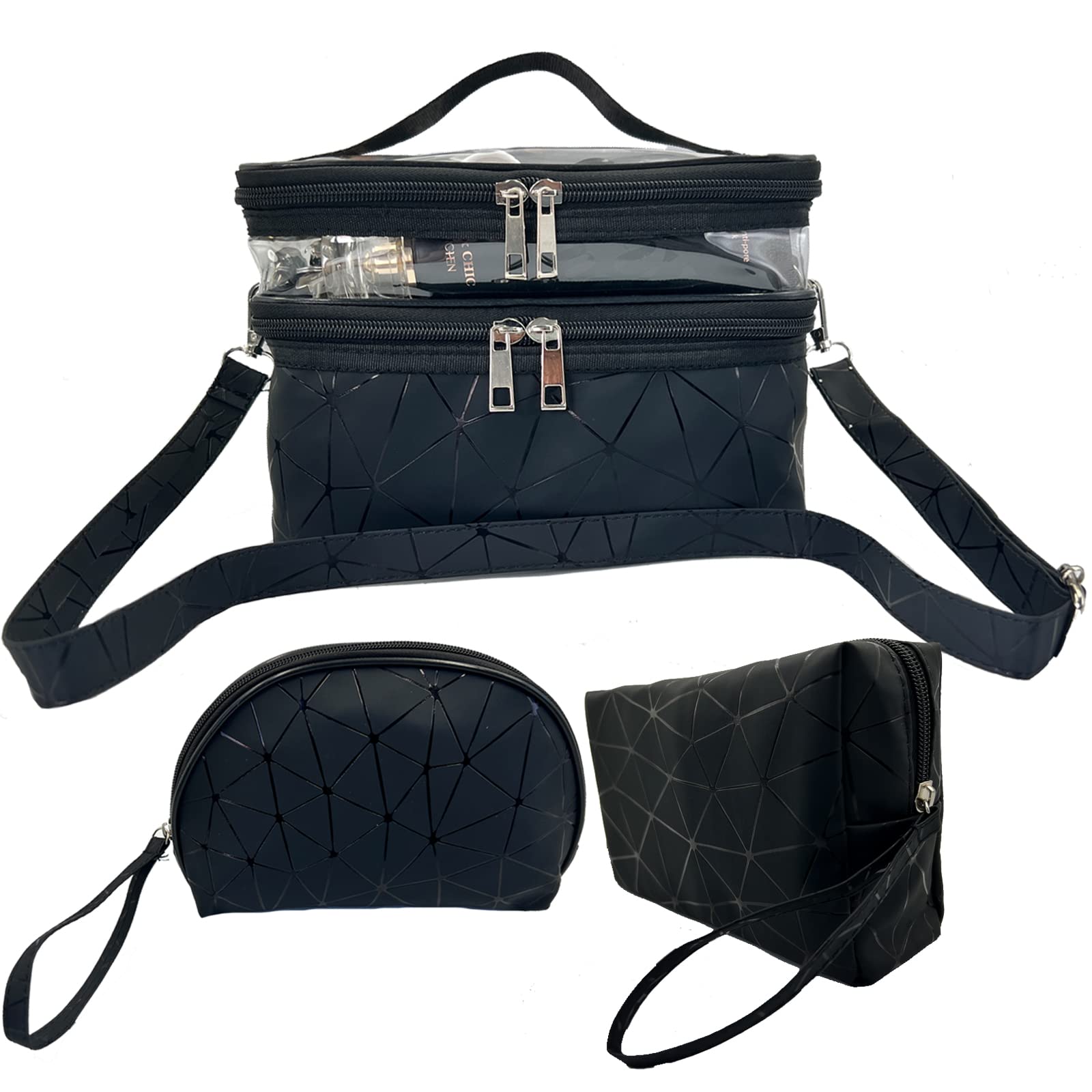3-Piece Double Layer Makeup Bag Set - Travel Cosmetic Organizer with Shoulder Strap for Women | Perfect for Travel & Daily Use
