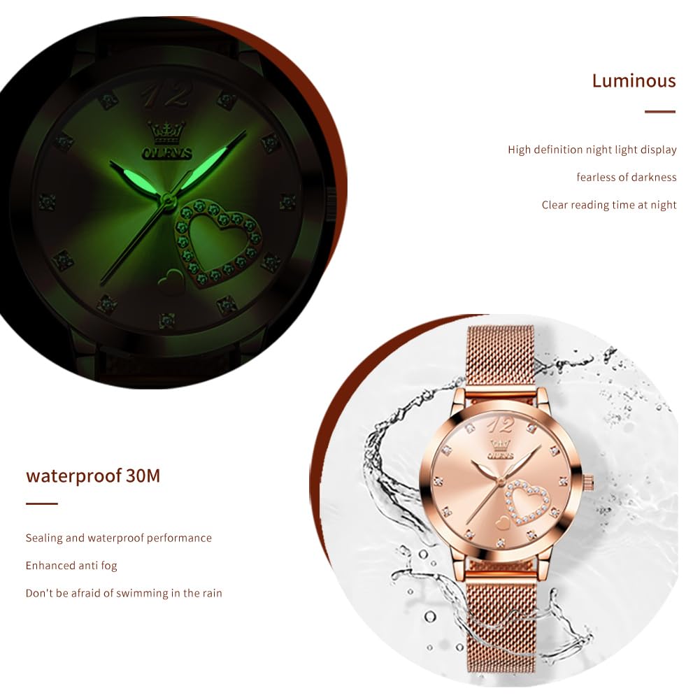 OLEVS Women's Rose Gold Minimalist Analog Quartz Watch with Bracelet Set - Slim Casual Dress Wristwatch, Waterproof Two-Tone for Ladies - Perfect for Everyday Wear, Office, and Special Occasions
