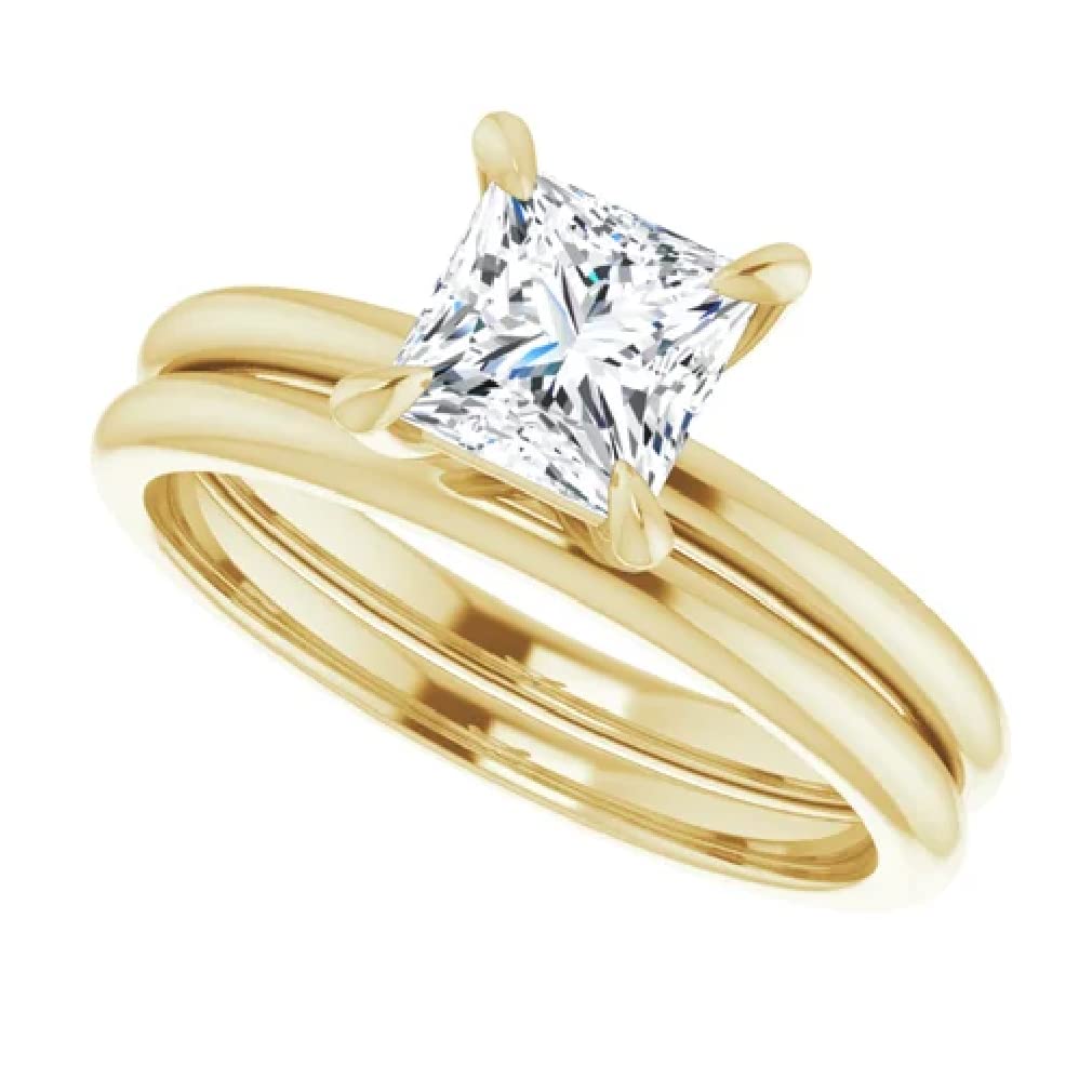 10K/14K/18K Solid Yellow Gold Handmade Engagement Ring Set - 1 Carat Princess Cut Moissanite Diamond Wedding Ring for Women - Solitaire Bridal Ring Set - Perfect for Proposals, Anniversaries & Special Occasions