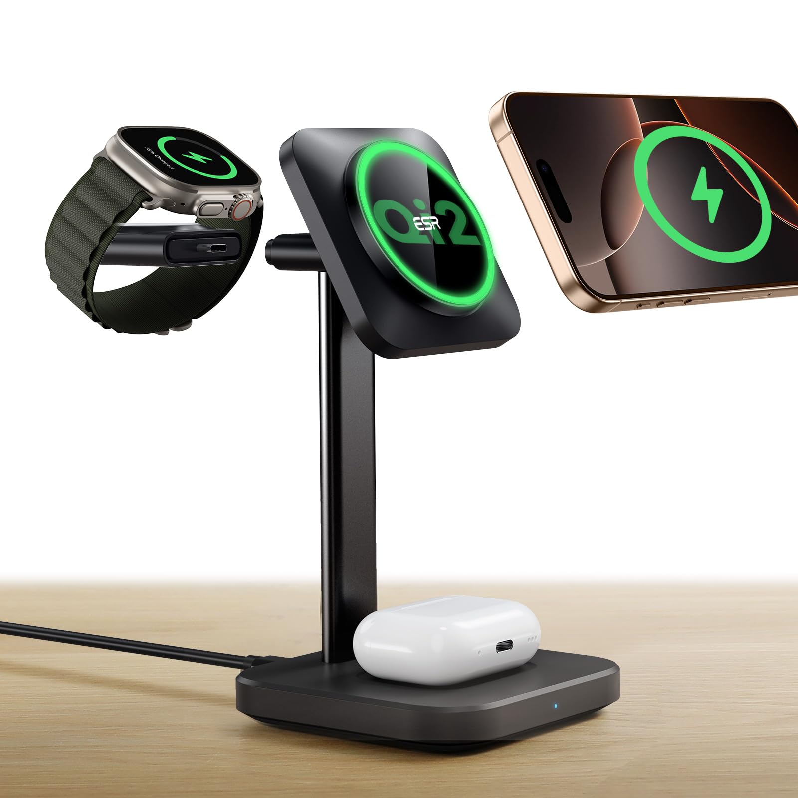 ESR Qi2 Certified 3-in-1 Wireless Charging Station - 15W MagSafe Charger Stand for iPhone 16/15/14/13, Apple Watch Charger & AirPods 4/3 - Fast Wireless Charger for Multiple Devices (Black) | Perfect for Home, Office & Travel Charging