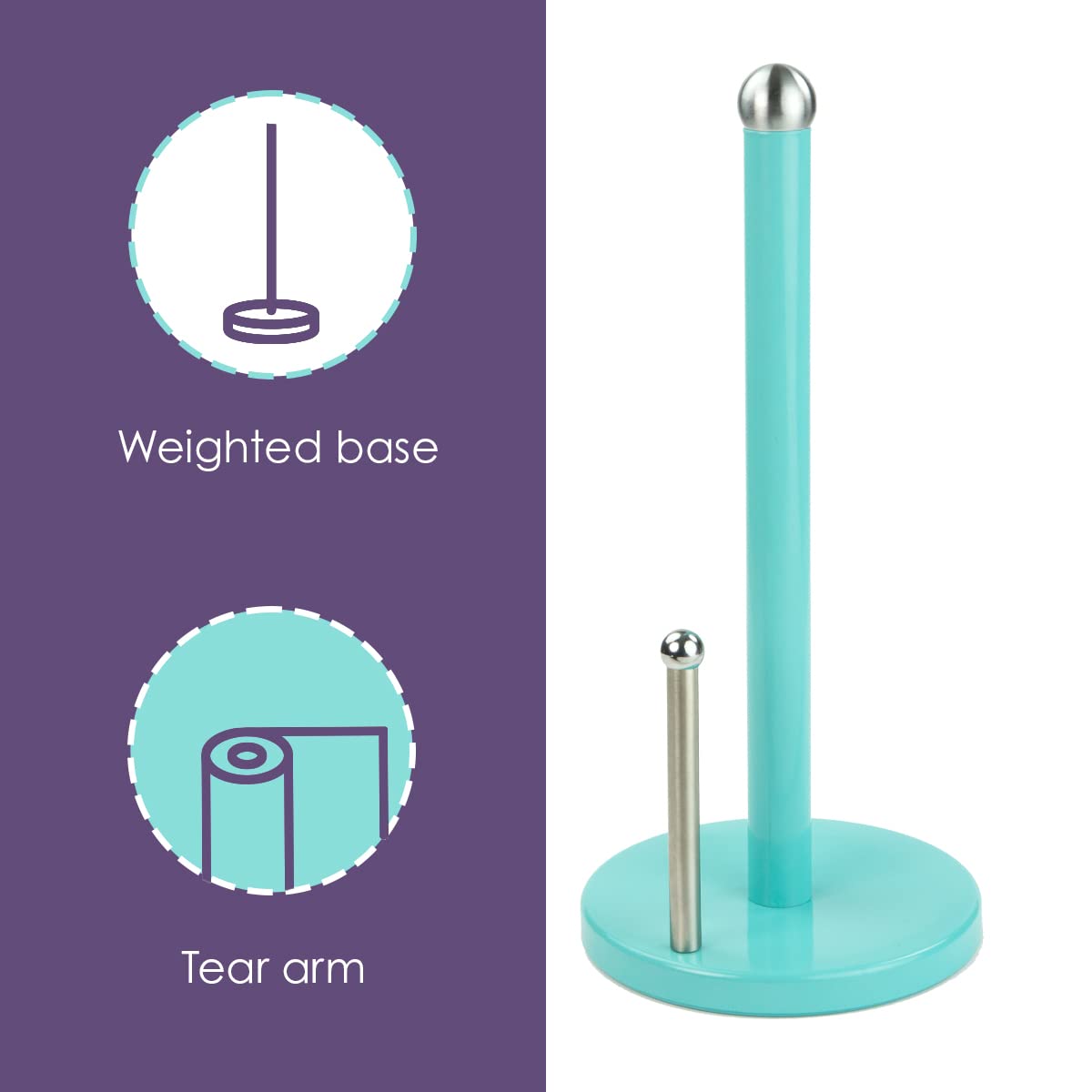 Sturdy Steel Paper Towel Holder by Home Basics (Turquoise) - Standing Kitchen & Bathroom Towel Roll Holder with Weighted Base & Easy-Tear Arm - Countertop Organizer for Easy Access & Mess-Free Cleaning