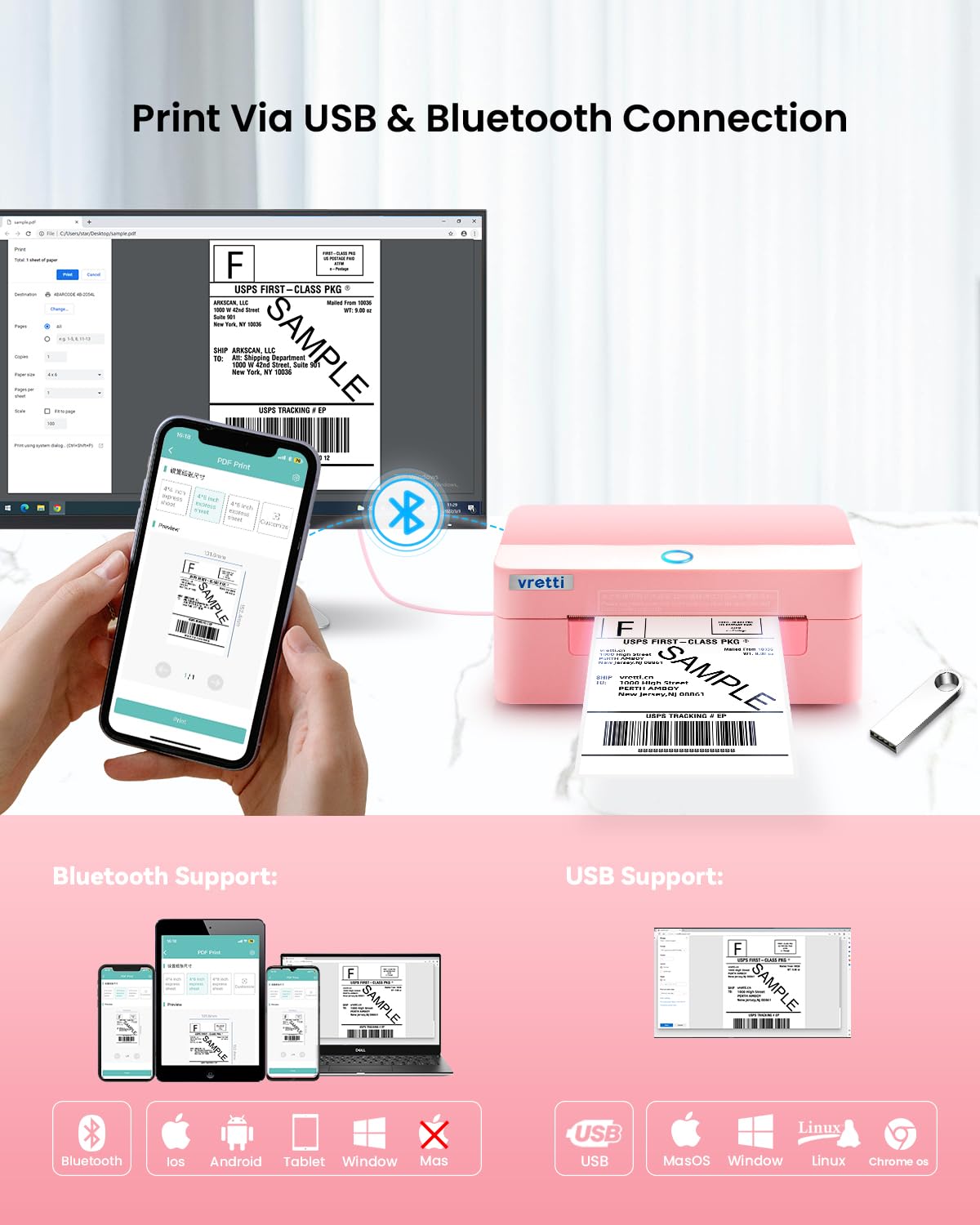 Vretti Bluetooth Thermal Label Printer 4x6 - Wireless Shipping Label Printer for USPS UPS Amazon Packages - Compatible with iPhone Android Windows Mac - Perfect for Small Business & Home Shipping (Pink)