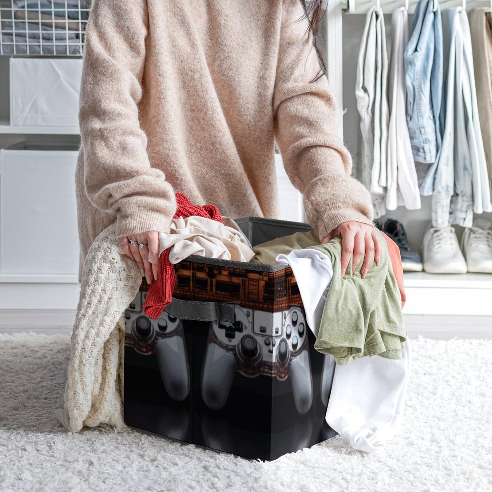 Collapsible Storage Bins with Handles - Printed Game Controller Design Organizing Baskets for Toys, Electronics & Home Organization - Perfect for Bedroom, Playroom & Closet Storage