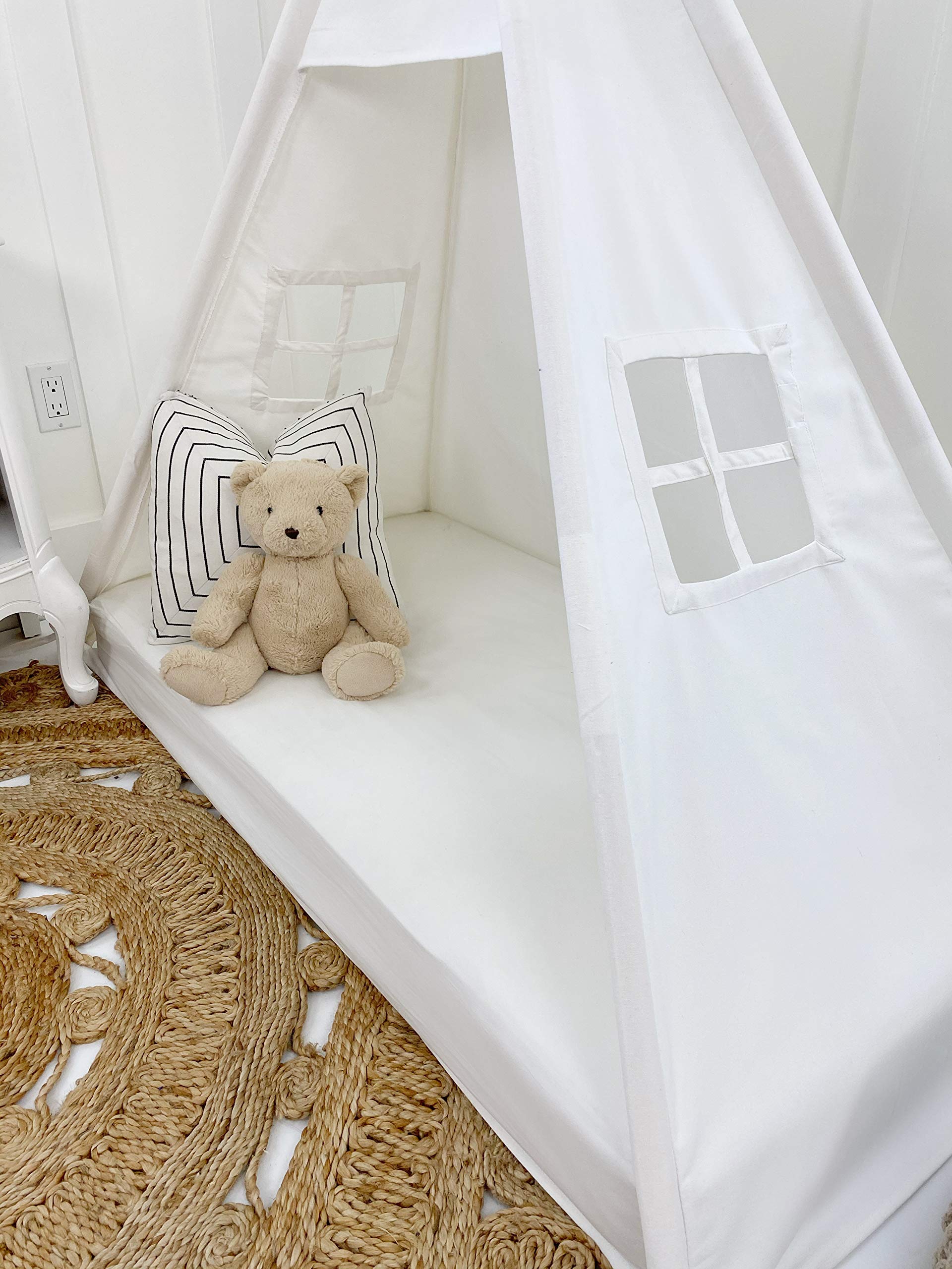 **Premium Cotton Canvas Play Tent Bed Canopy - Kids Teepee for Mattress, Crib & Cot (White) - Perfect for Nursery, Playroom & Indoor Camping Adventures**