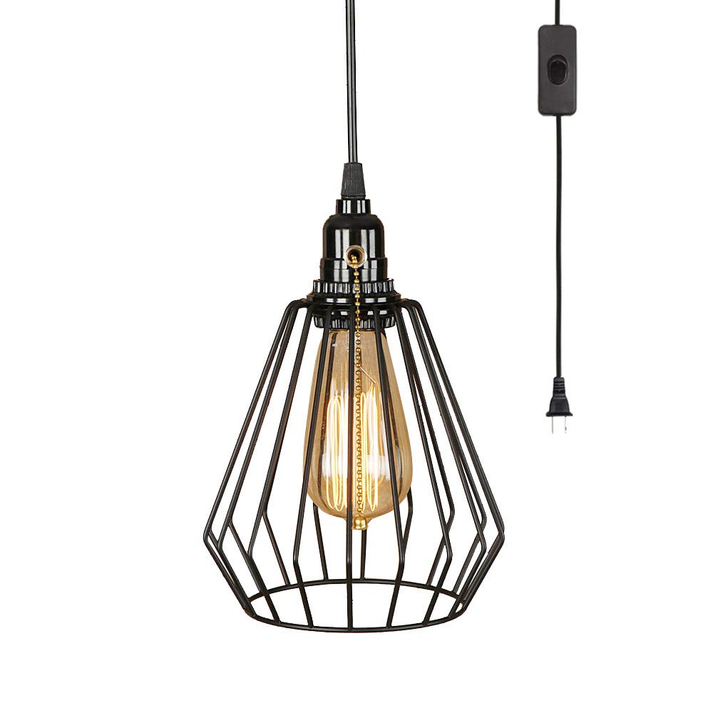 Vintage Industrial Black Hanging Swag Lamp with Plug - 15 Ft Cord, On/Off Pull Chain Switch - Cage Pendant Light with Lampshade Umbrella for Living Room, Bedroom, or Cafe Decor
