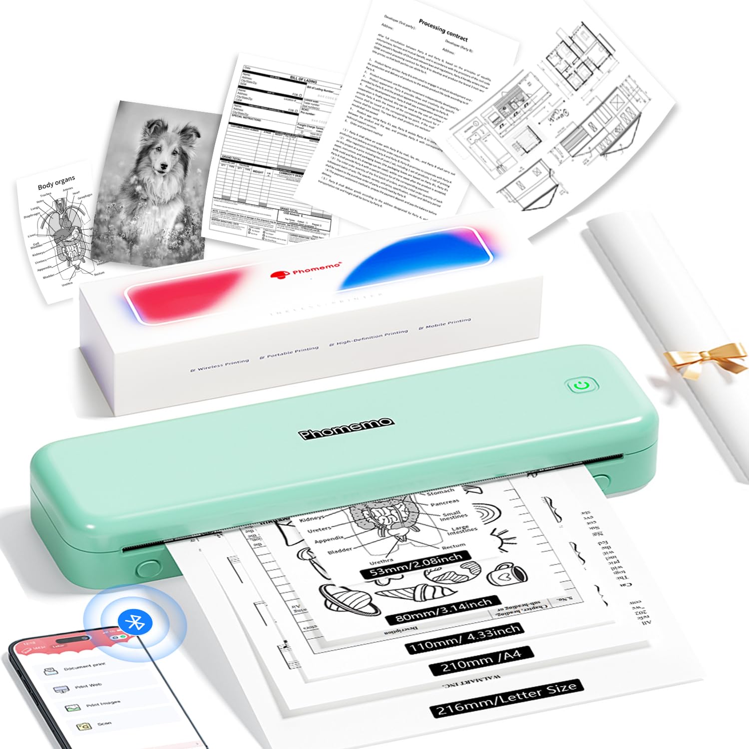 Phomemo M834 Portable A4 Thermal Printer - Wireless Bluetooth Mobile Printer for iPhone, Android & Laptop, 300dpi High Resolution, Inkless Printing for Home, Office, Shipping Labels & Receipts | Perfect for Small Business, Online Sellers & Home Organization