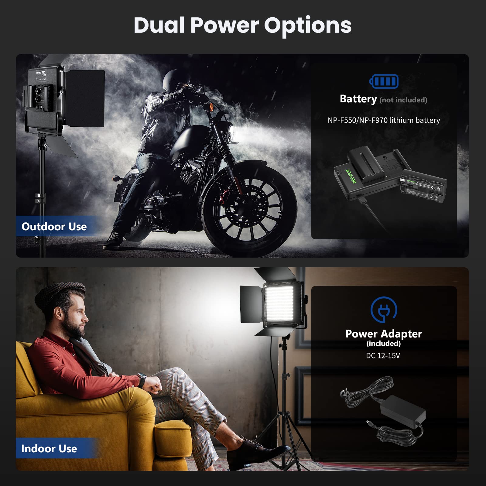 NEEWER 2-Pack 660 LED Bi-Color Video Light Kit with Stands - 3200K-5600K CRI 96+ Dimmable LED Panel, U Bracket, Barn Doors & 75