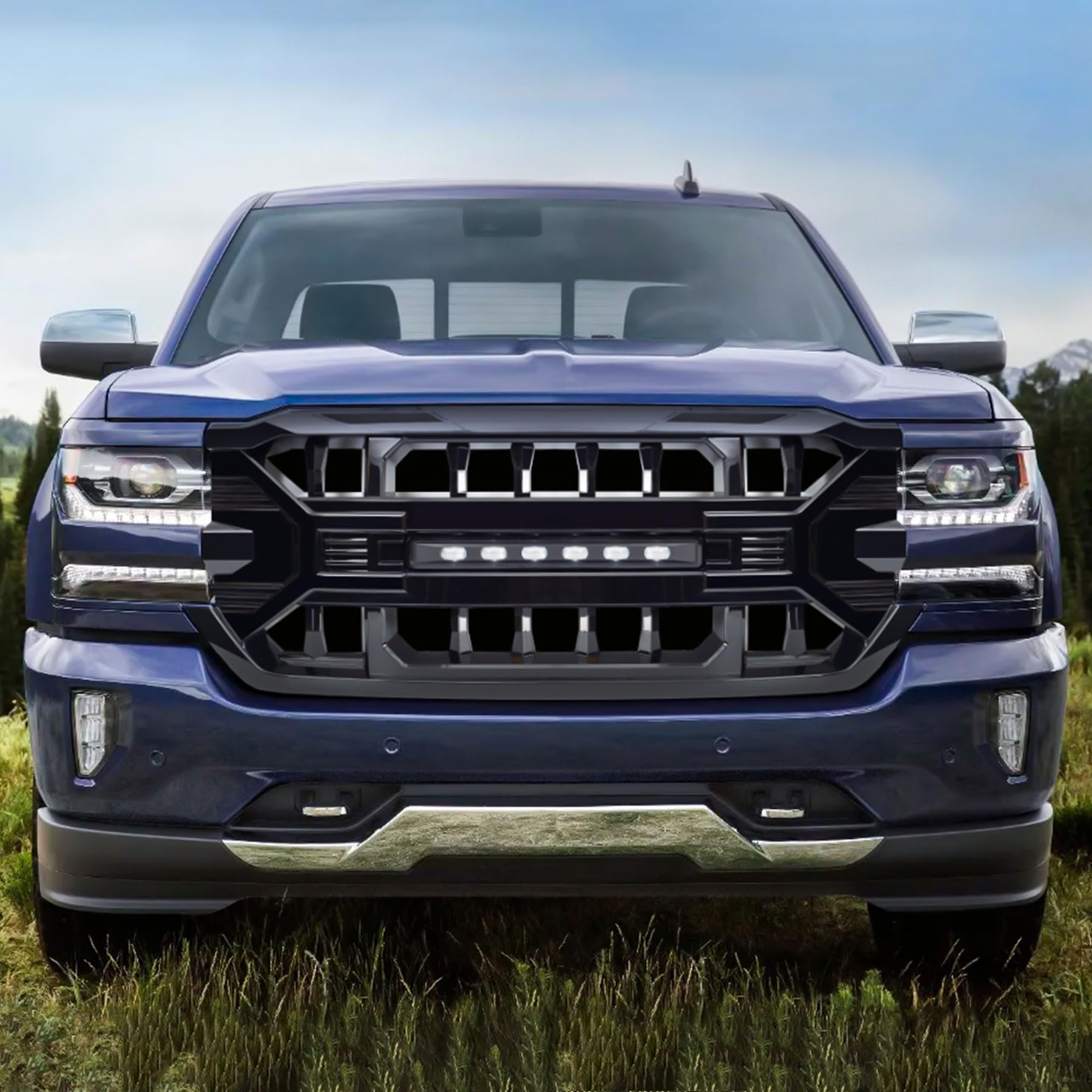 2016-2019 Chevrolet Silverado 1500 Off-Road Grille with LED Lights | Gloss Black Heavy Duty Front Bumper Guard | Perfect for Truck Modifications & Night Driving