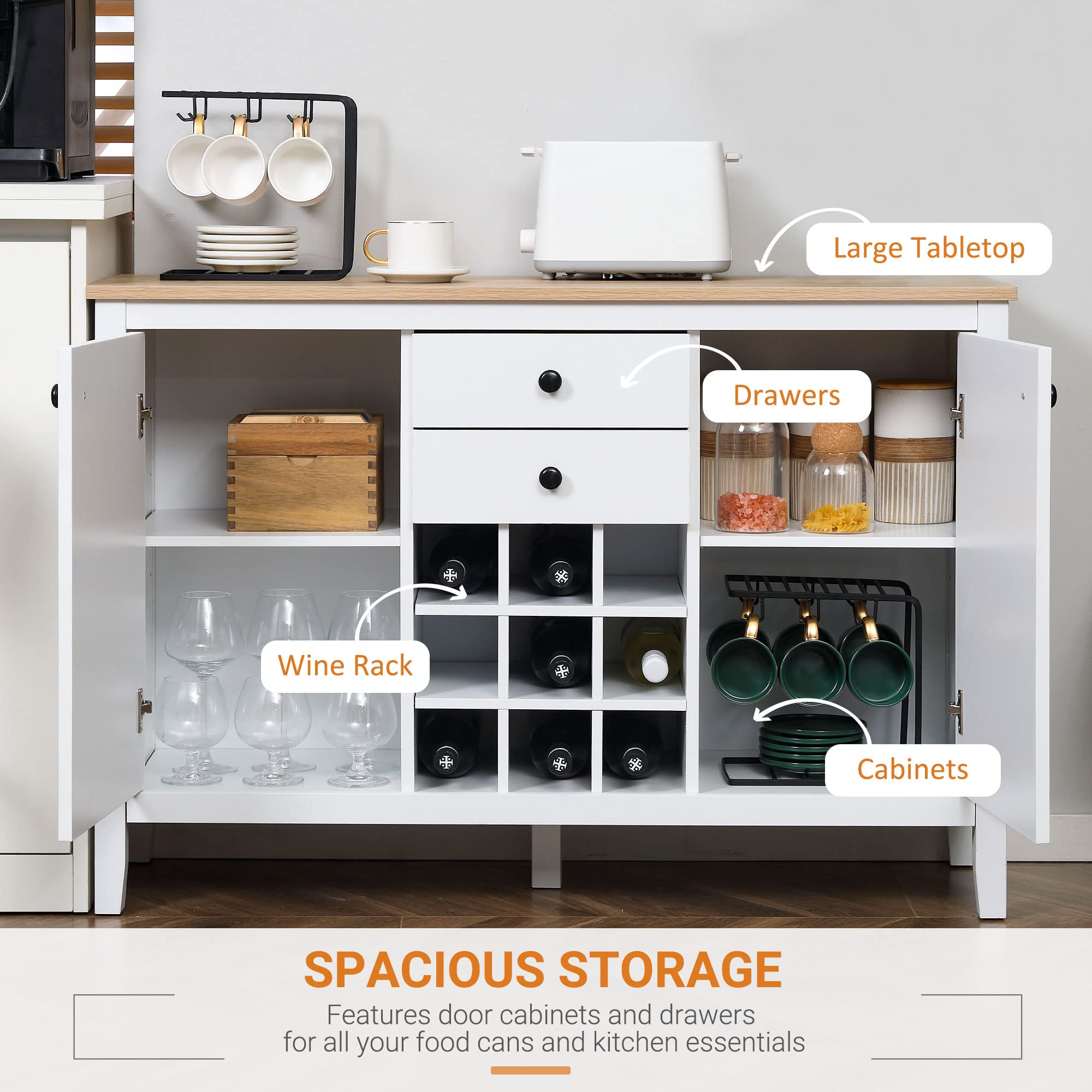 HOMCOM Coffee Bar Cabinet with 9-Bottle Wine Rack - Sideboard Buffet Cabinet with Drawers & Adjustable Shelves in Natural & White - Perfect for Kitchen, Dining Room & Home Bar Organization