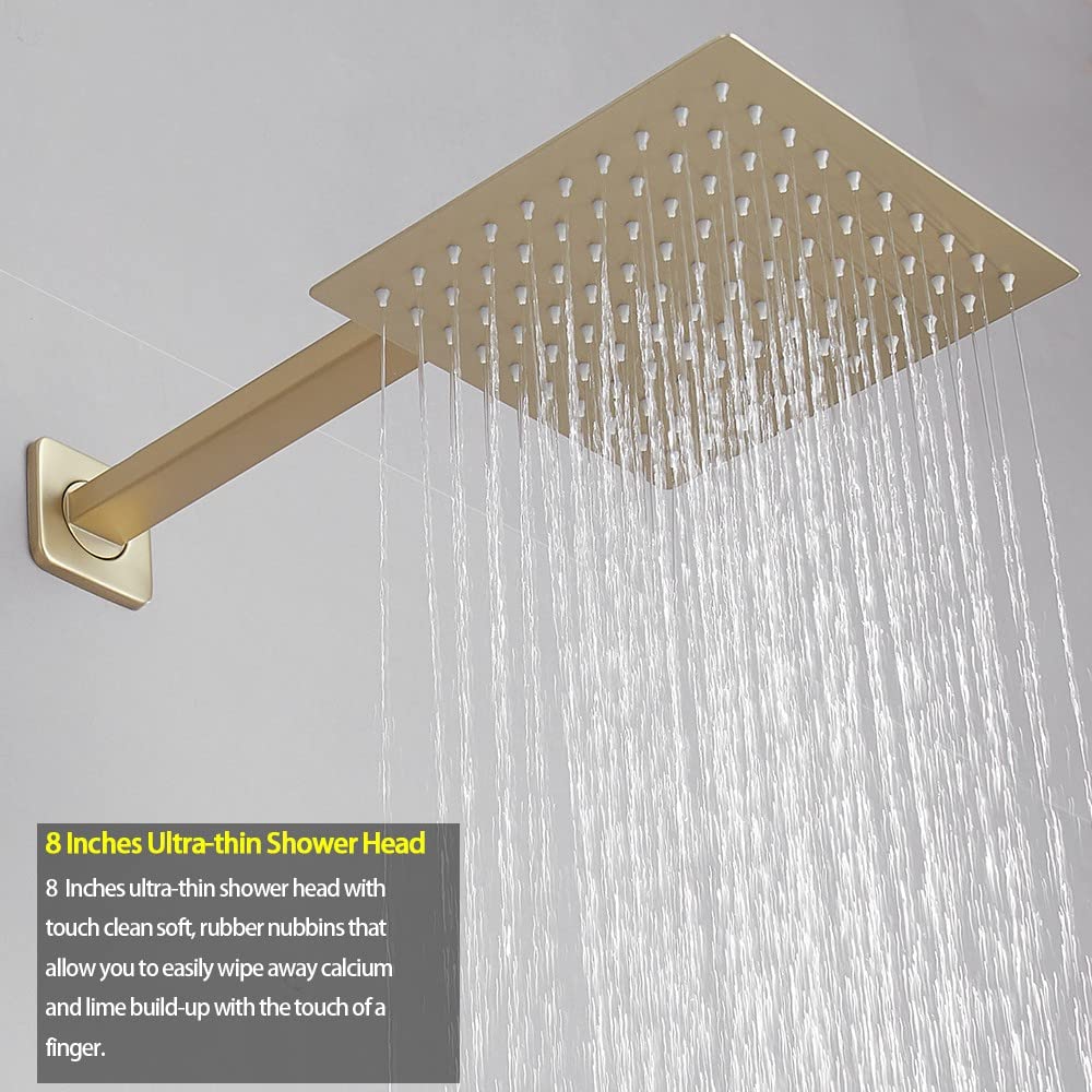 Luxury Brushed Gold Shower System - Wall Mounted Rainfall Shower Head Combo Set with Mixer Valve & Trim Kit | Perfect for Modern Bathroom & Spa Experience