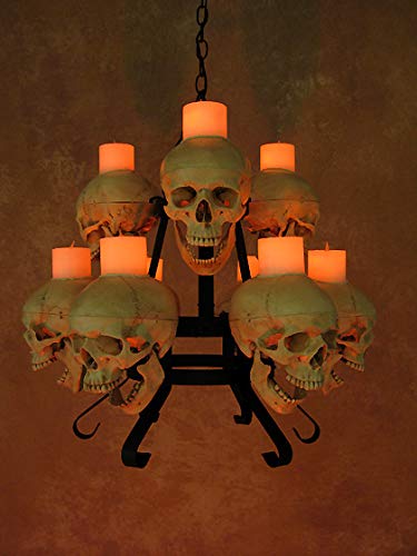 Two-Tiered Skull Metal Chandelier with 9 Skulls & Wax Candles - Gothic Home Decor for Dining Room, Living Room, or Halloween Party Lighting
