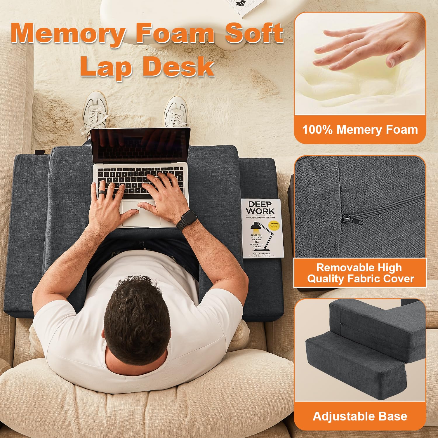 Memory Foam Lap Desk Pillow for Adults - Portable Bed & Sofa Workstation with Cup Holder & Arm Rest - Perfect for Reading, Working, Crocheting & Laptop Use in Bed, Floor or Couch (Grey)