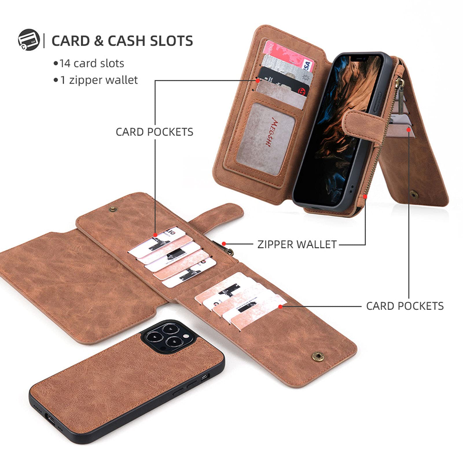 iPhone 13 Mini/Pro/Pro Max Wallet Case - 2 in 1 Magnetic Phone Cover with 14 Card Slots & Zipper Pocket | Slim Protective Holster for Credit Cards, ID & Cash | Perfect for Travel, Work & Everyday Use