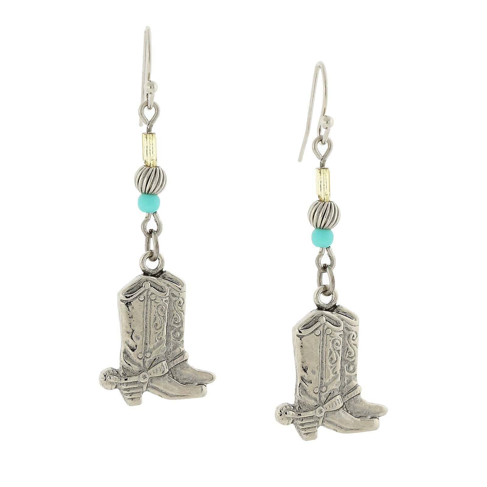 1928 Western Boot Drop Earrings with Imitation Turquoise Accent - Vintage Style Cowgirl Jewelry for Women - Perfect for Country Concerts, Rodeos & Western Fashion