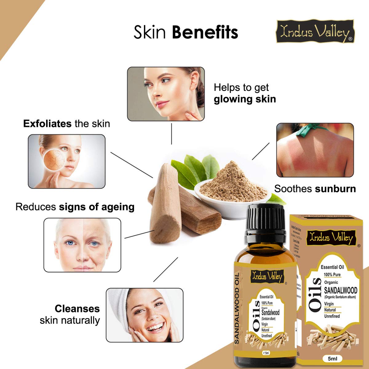 Pure Natural Organic Sandalwood Essential Oil for Skin & Hair Care - 100% Undiluted Chandan Oil - 5ml - Aromatherapy, Massage & Relaxation