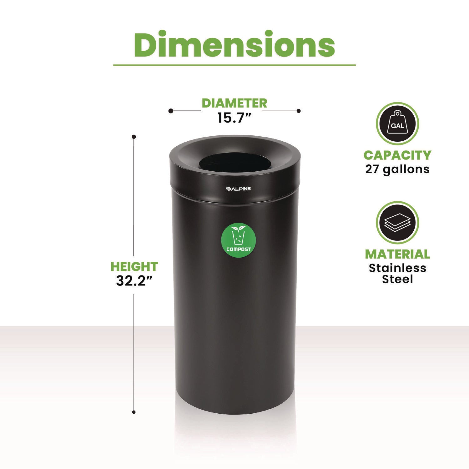 Alpine Industries 27 Gallon Black Stainless Steel Compost Bin for Kitchen & Outdoor - Odor-Free Food Waste Container for Eco-Friendly Composting at Home or Garden