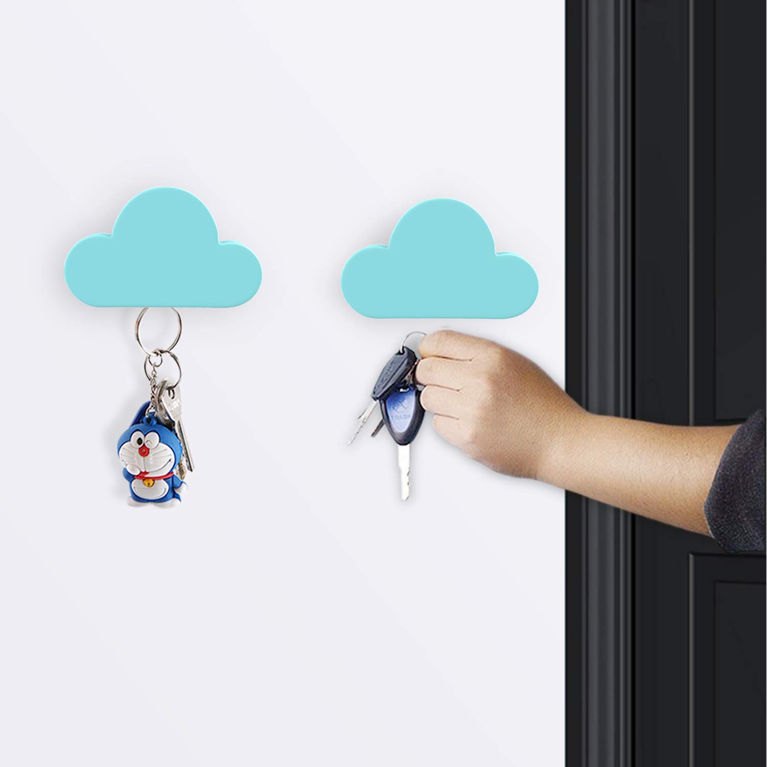 MoKo Magnetic Key Holder 2 Pack - Wall Mount Key Organizer with Adhesive Hooks & Magnetic Key Rings - Blue | Perfect for Home, Office, Entryway & Garage Door Key Storage