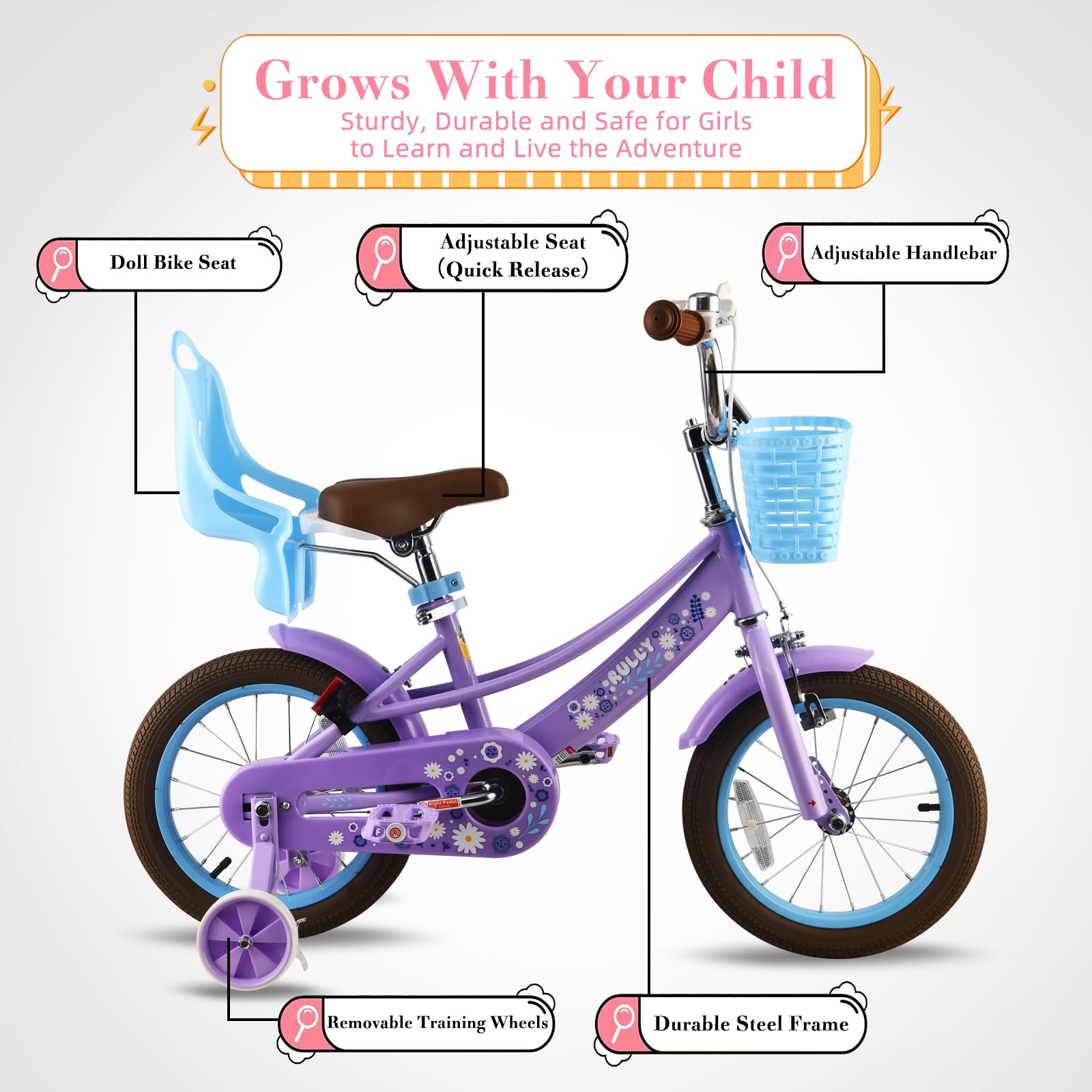 **RULLY 14 Inch Girls Bike for Toddlers Age 3-5 | Kids Bicycle with Training Wheels, Basket & Doll Seat | Purple Children's Bike for Outdoor Play & Neighborhood Rides**