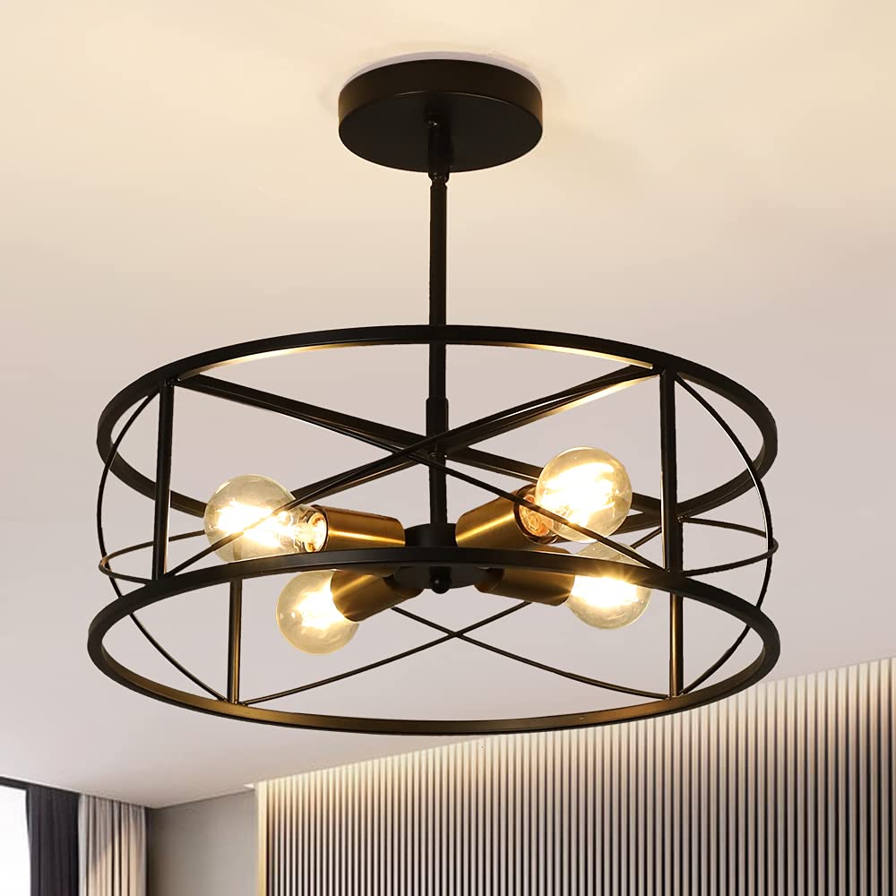 Modern Black Metal Hanging Pendant Light with Round Hollow Out Shade - 4-Light Rustic Chandelier for Living Room, Dining Room, Farmhouse, Foyer & Bar - E26 Base (Bulbs Not Included) - Perfect for Ambient Lighting in Home Decor & Commercial Spaces