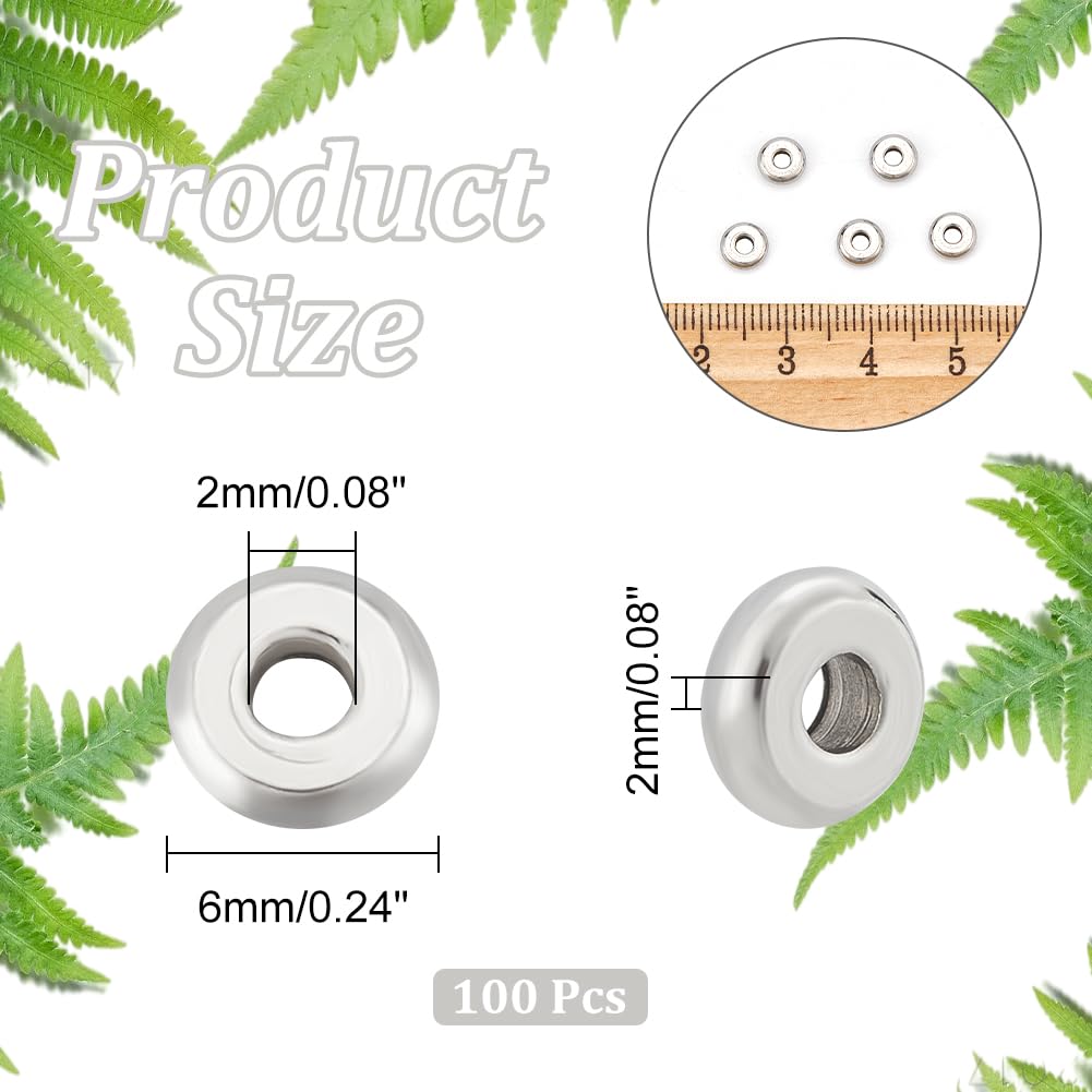 UNICRAFTALE 100pcs 6mm Stainless Steel Rondelle Spacer Beads for Jewelry Making - Smooth Surface, 2.5mm Hole - Perfect for DIY Bracelets, Necklaces, Earrings & Craft Projects