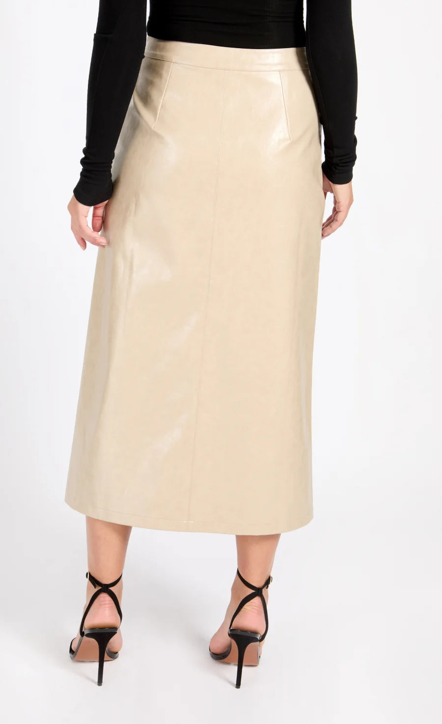 Amie Faux Leather Skirt - Women's High Waist Stretch PU Skirt with Cracked Texture in Oatmeal Color | Perfect for Casual Outfits, Night Out, and Office Wear