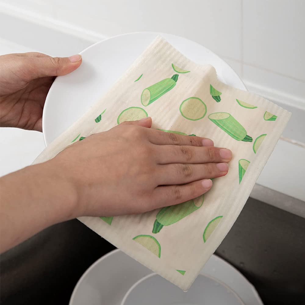 Reusable Swedish Dishcloths - 6 Pack Kitchen Sponge Cloths for Dishes & Cleaning (Vegetable Print) - Eco-Friendly Home Essentials