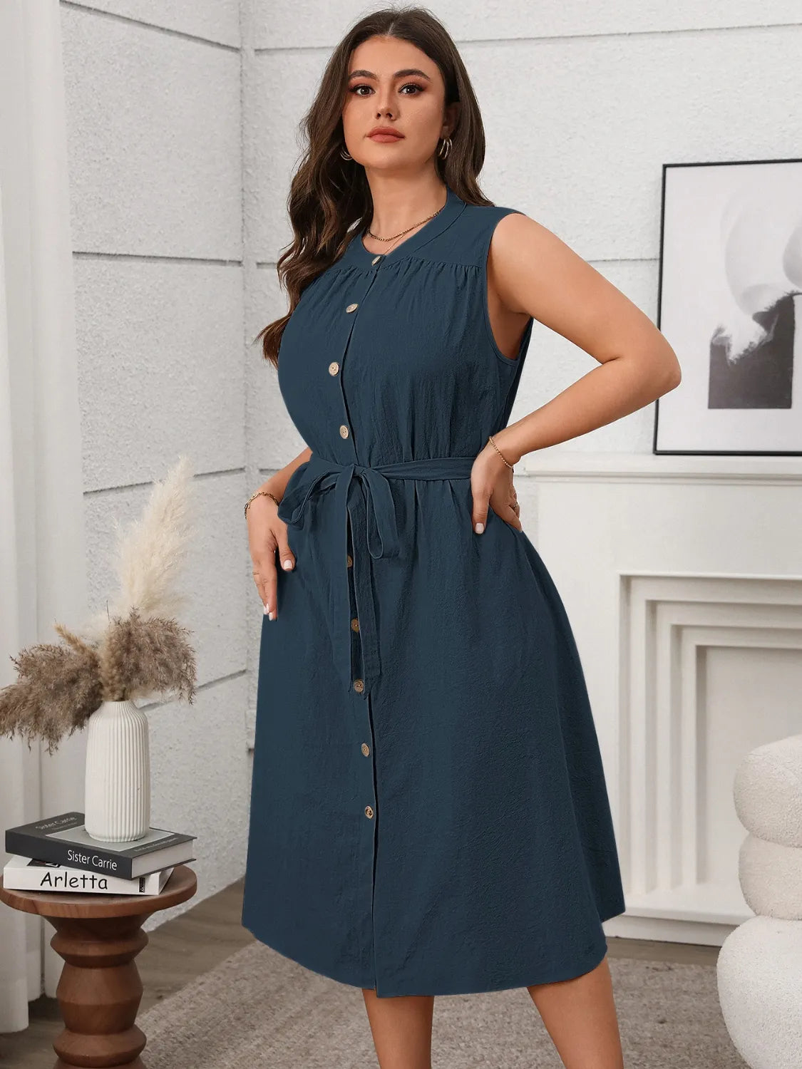 Plus Size Button Front Tie Waist Sleeveless Dress for Women - Flowy Summer Midi Dress for Casual Outings, Beach Vacations & Special Occasions