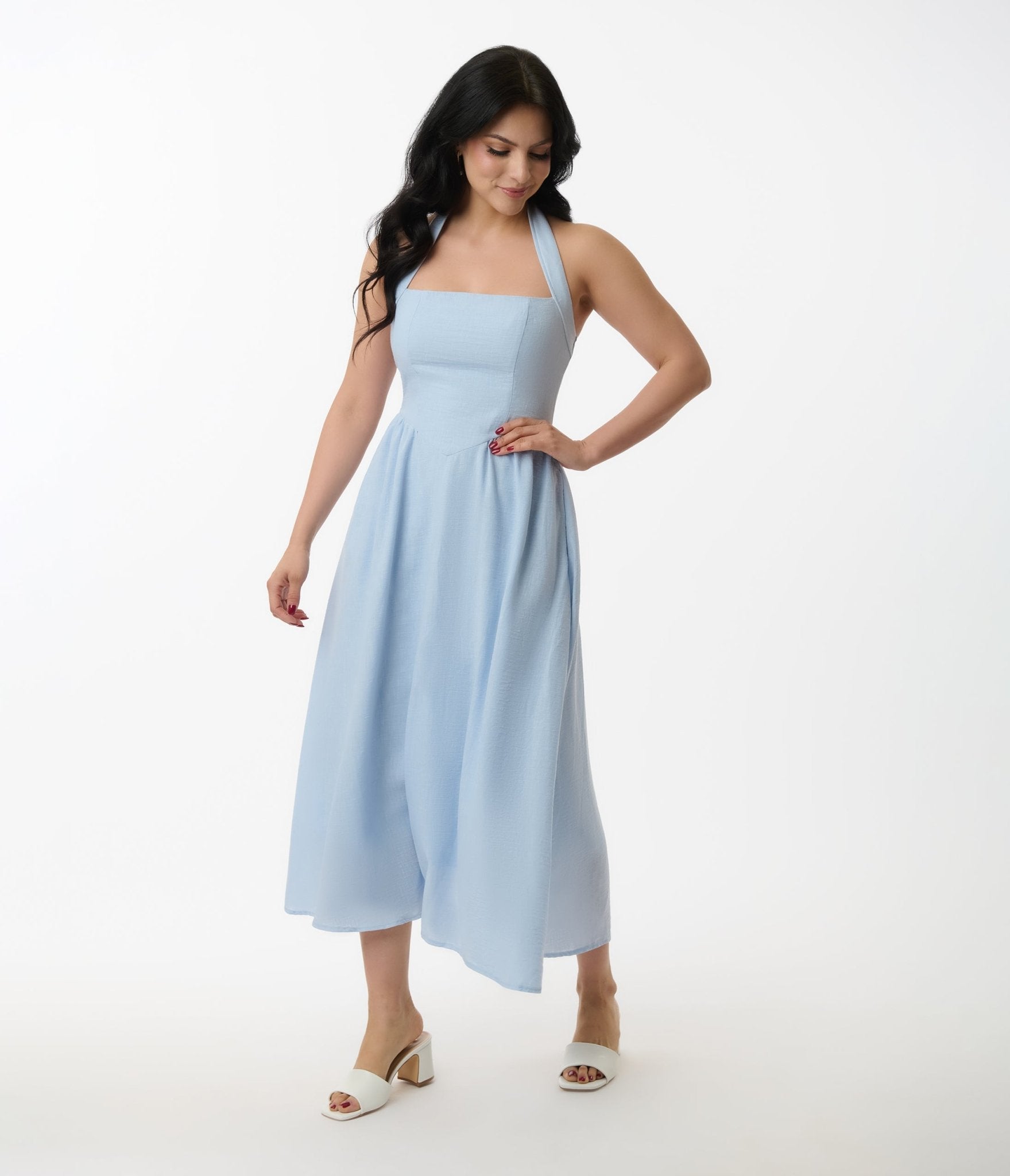 Light Blue Halter A-Line Midi Dress for Women | Summer Beach Party & Wedding Guest Outfit | Flowy Casual Dress with Side Slit