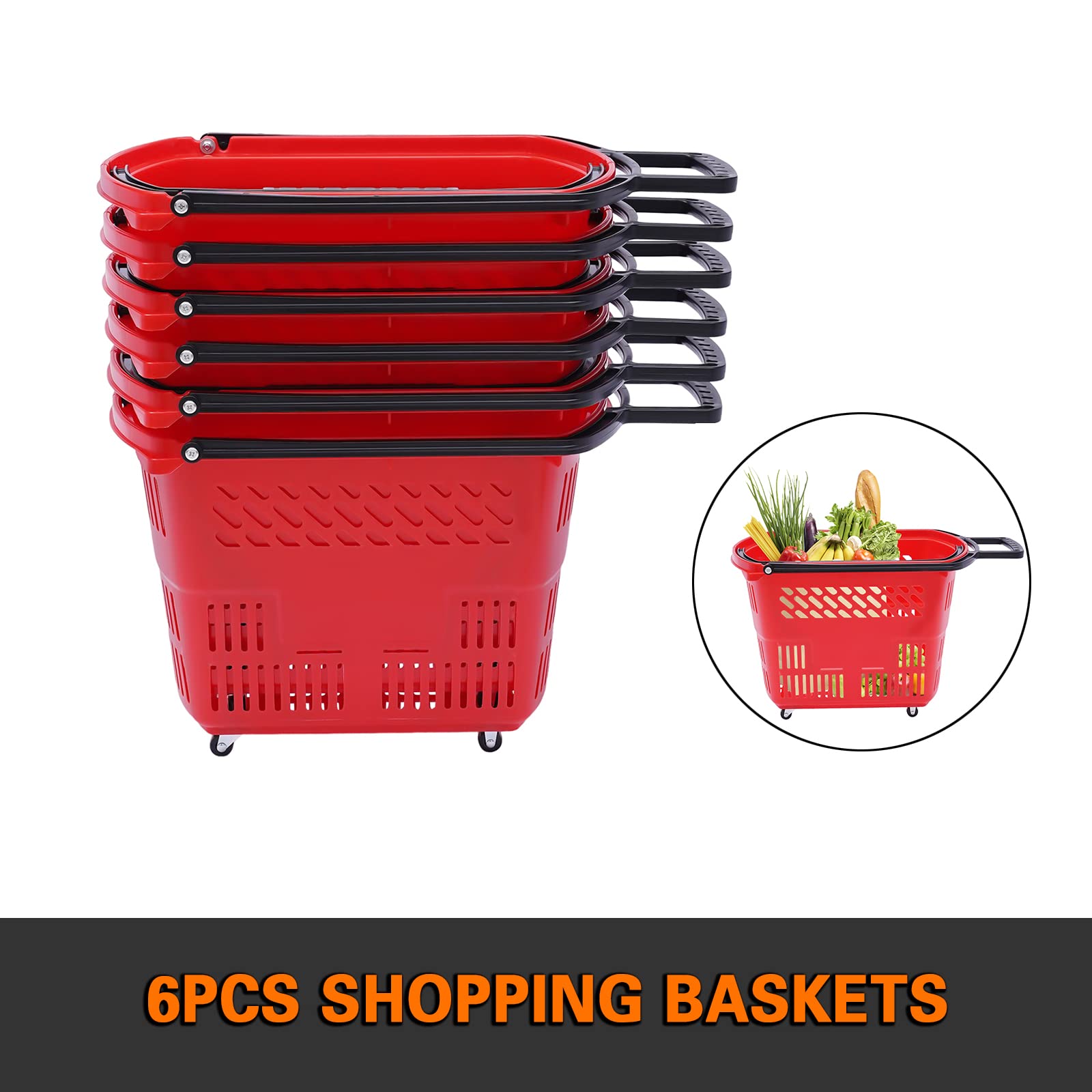 **6-Piece Rolling Shopping Cart Set - 35L Plastic Shopping Basket with Handles & Wheels, Portable Retail Store Basket (19