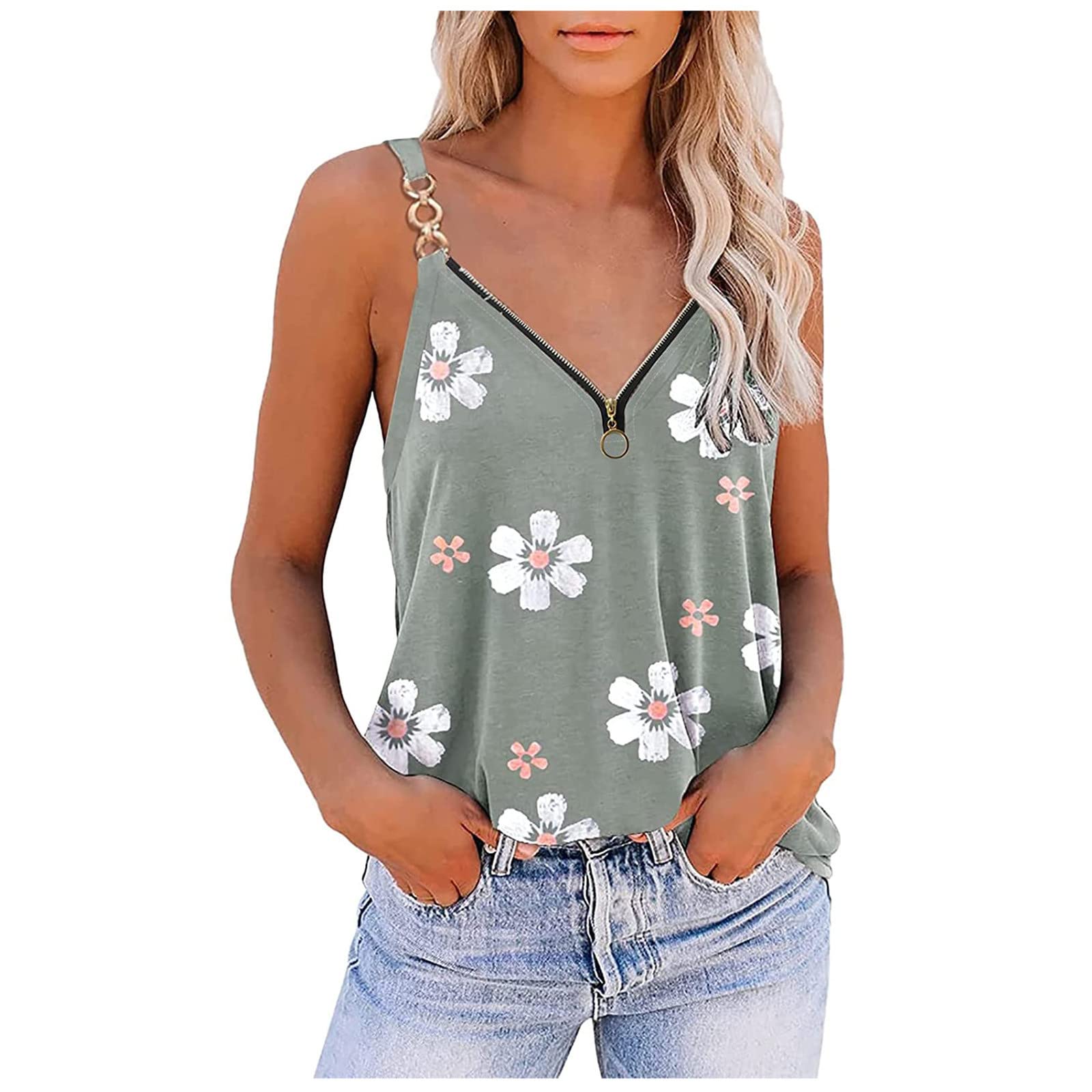 Women's Summer Sleeveless V-Neck Zipper Vest Top - Floral Print Camisole Blouse for Casual Wear, Beach Outfits & Layering