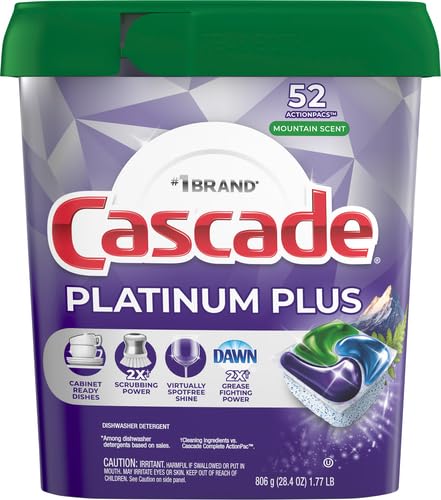 Cascade Platinum Plus ActionPacs Dishwasher Detergent Pods - 52 Count | Powerful Cleaning for Tough Stains | Fresh Mountain Scent | Perfect for Daily Dishwashing & Hard Water Areas