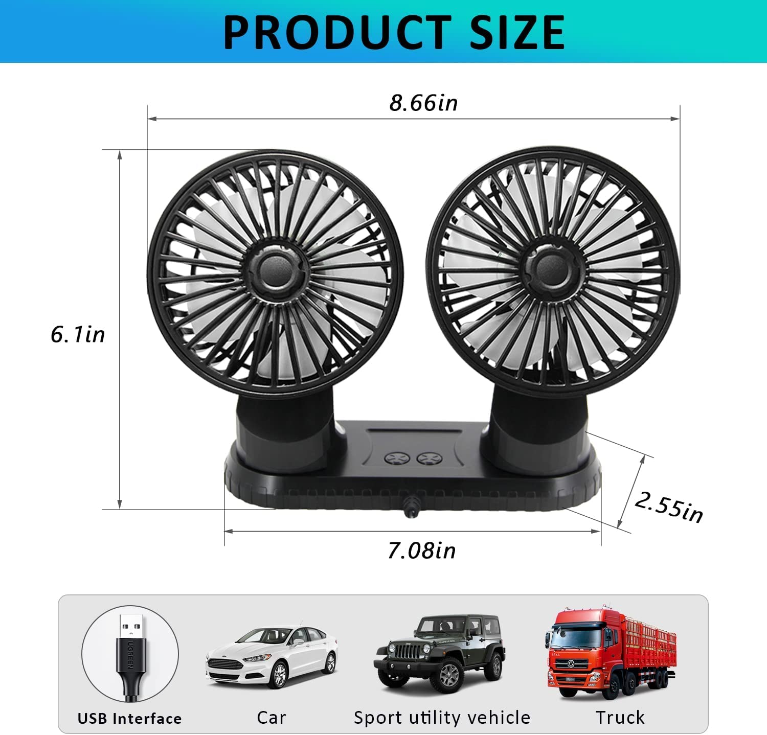 360° Adjustable Dual Head Car Fan - Brushless Motor, Low Noise, USB Powered Cooling Fan for Cars, SUVs, RVs, Trucks & Boats (With Color LED Light) | Perfect for Road Trips, Camping & Summer Driving