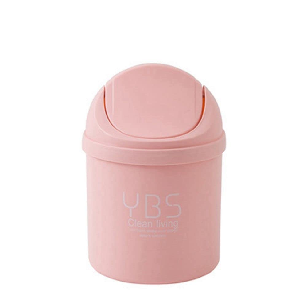HUOFU Mini Desktop Trash Can with Swing Lid - Small Plastic Waste Bin for Office, Bathroom, Bedroom - Pink Tiny Garbage Can for Home & Office Organization