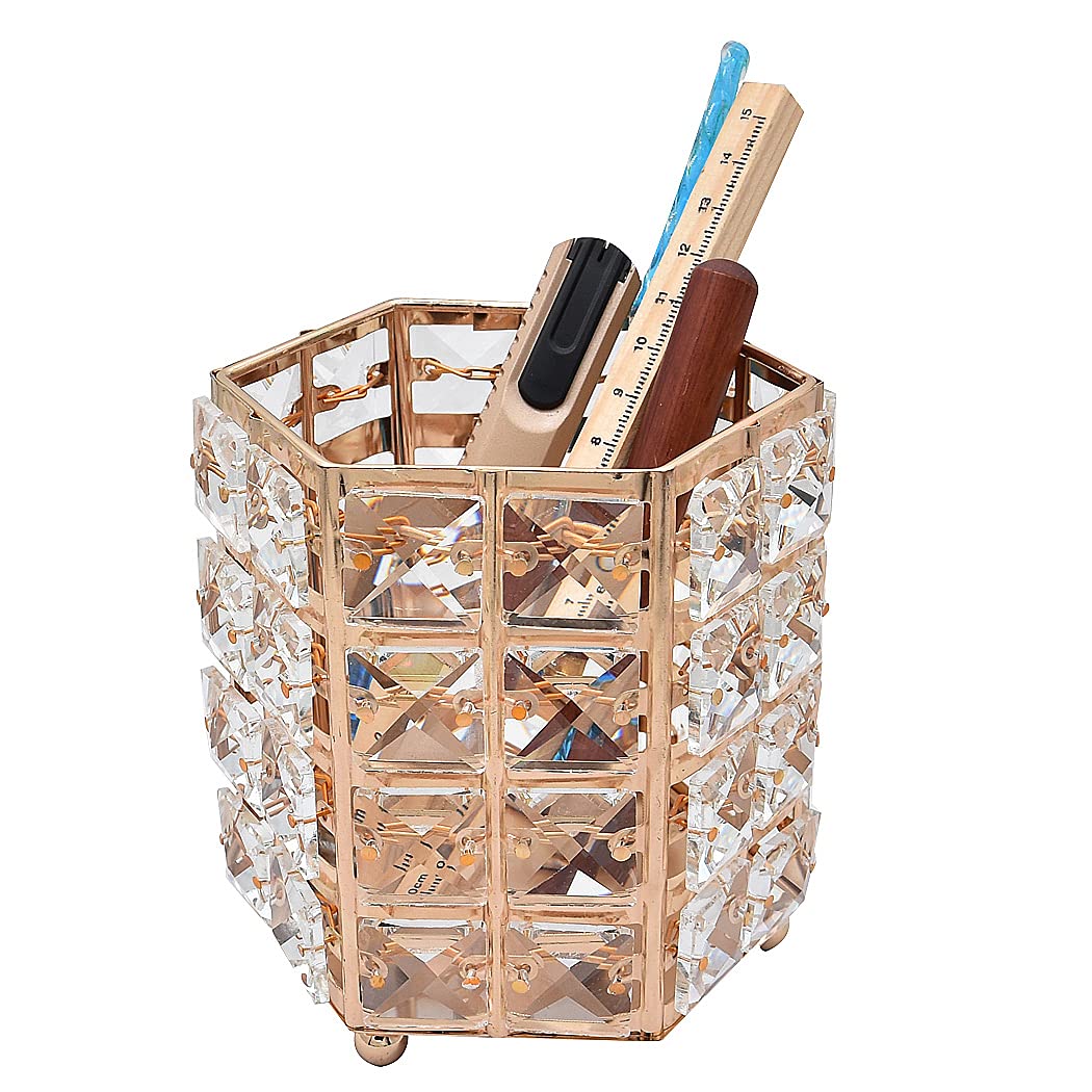 Handmade Crystal Makeup Brush Holder & Eyebrow Pencil Organizer - Hexagon Gold Cosmetic Storage for Vanity, Bathroom, Office Desk | Perfect for Makeup Artists & Beauty Enthusiasts