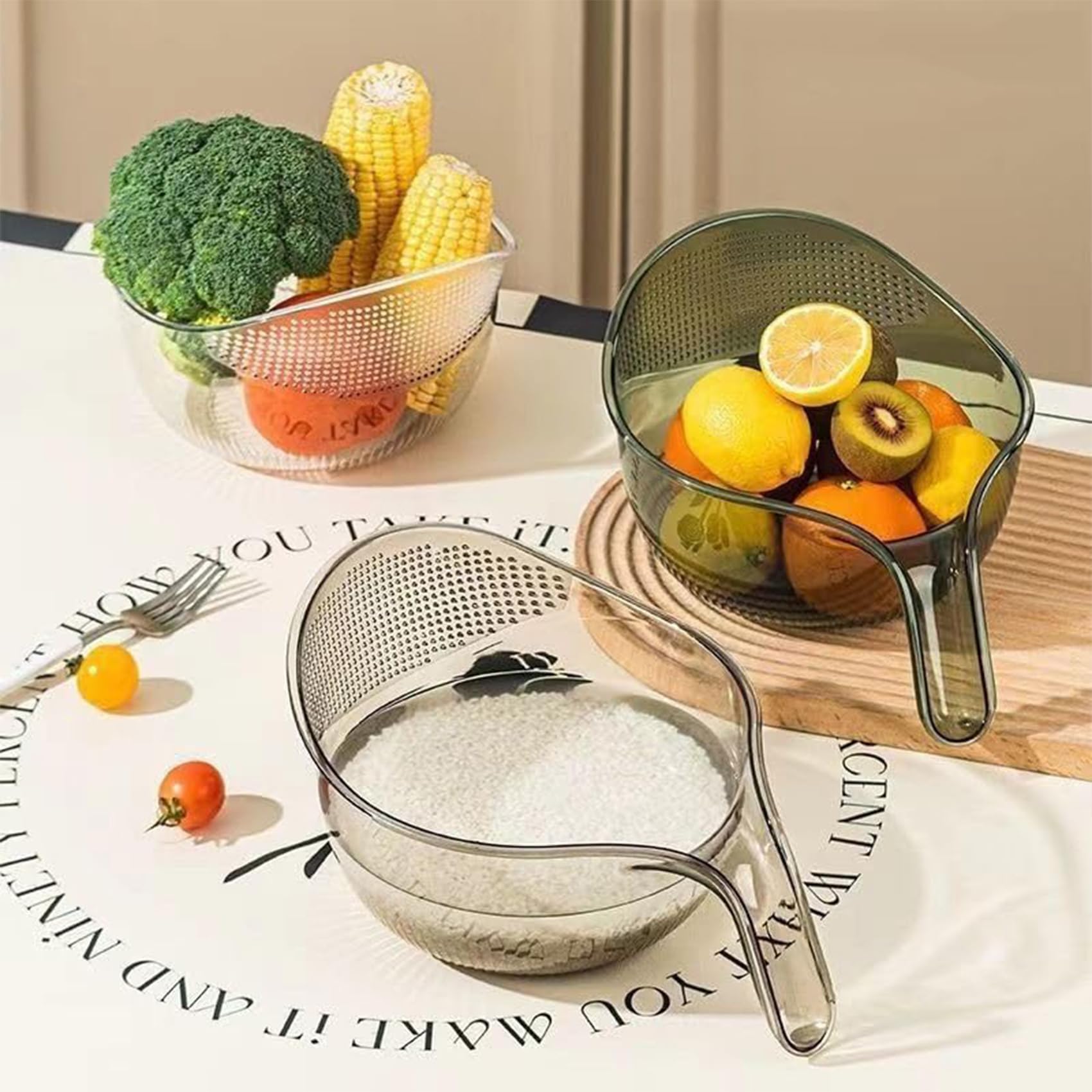 Premium Multifunctional Rice Strainer Bowl with Side Drainers - Durable Rice Washing Basket & Fruit/Vegetable Colander - Perfect for Washing Rice, Cleaning Fruits, and Draining Pasta (White) - Ideal for Kitchen, Camping, and Meal Prep
